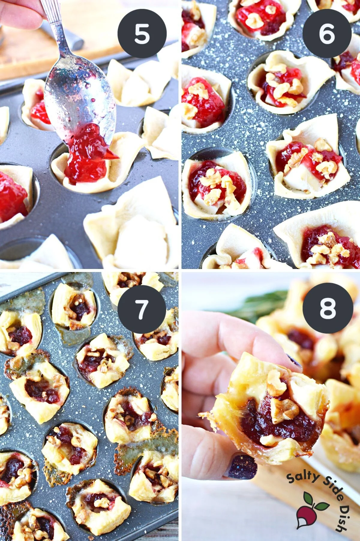 brie cranberry bites in a muffin tin pan.