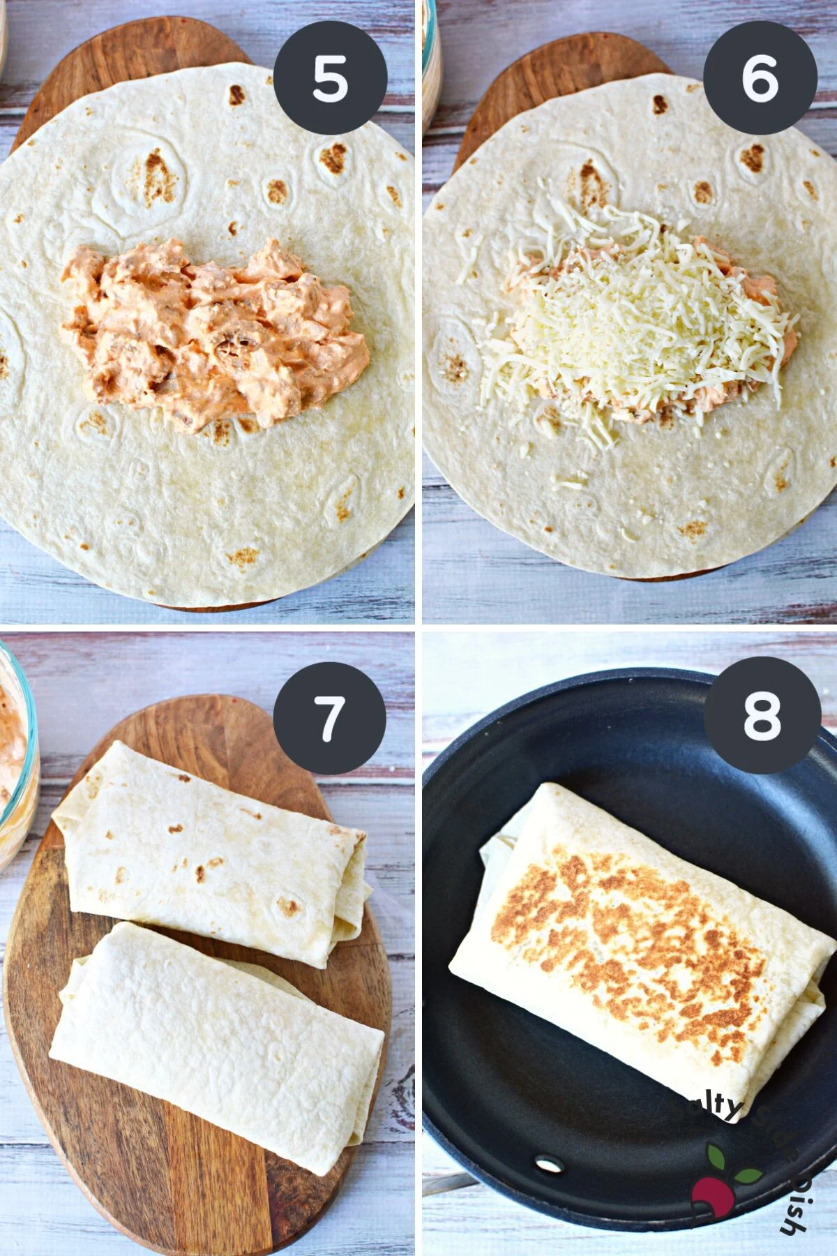 wrapping burrito and frying on stovetop.