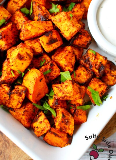 sweet potatoes in the air fryer on a plate and ready to eat.