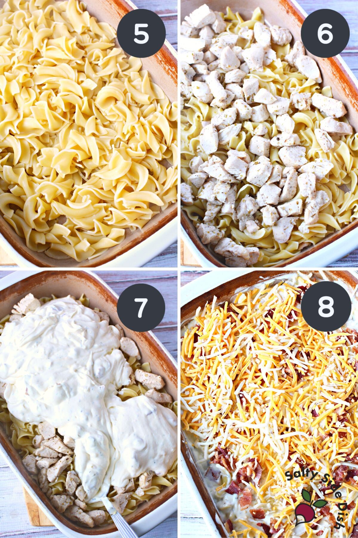 cheesy chicken casserole in a baking dish.