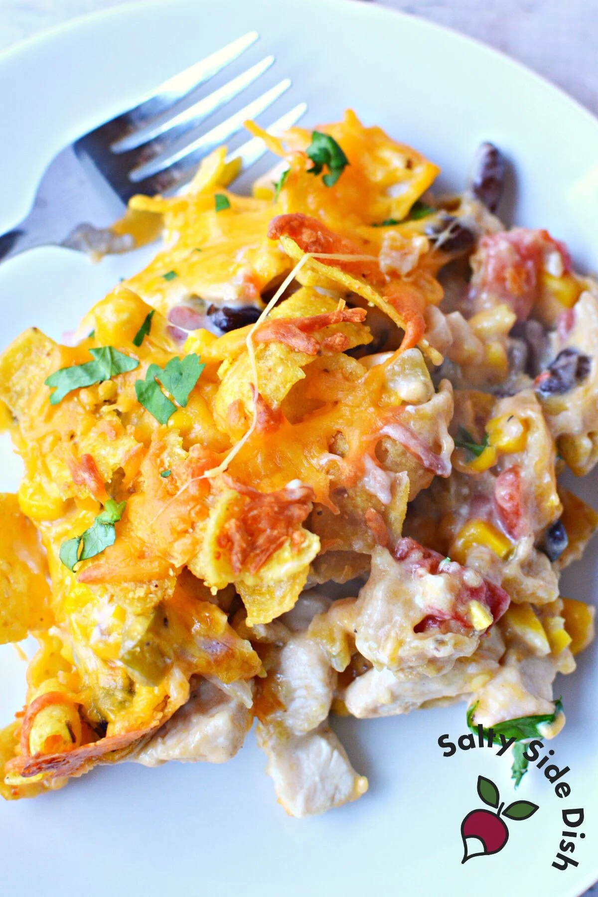 easy chicken casserole on a plate.