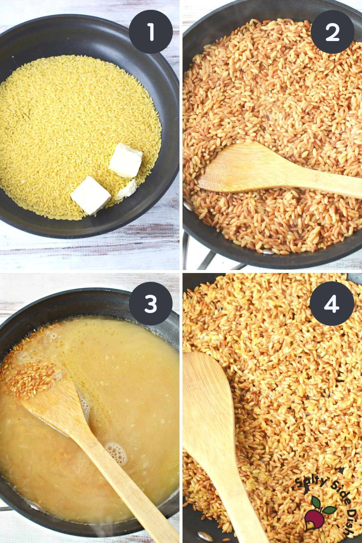 orzo side dish recipe with orzo in a skillet.