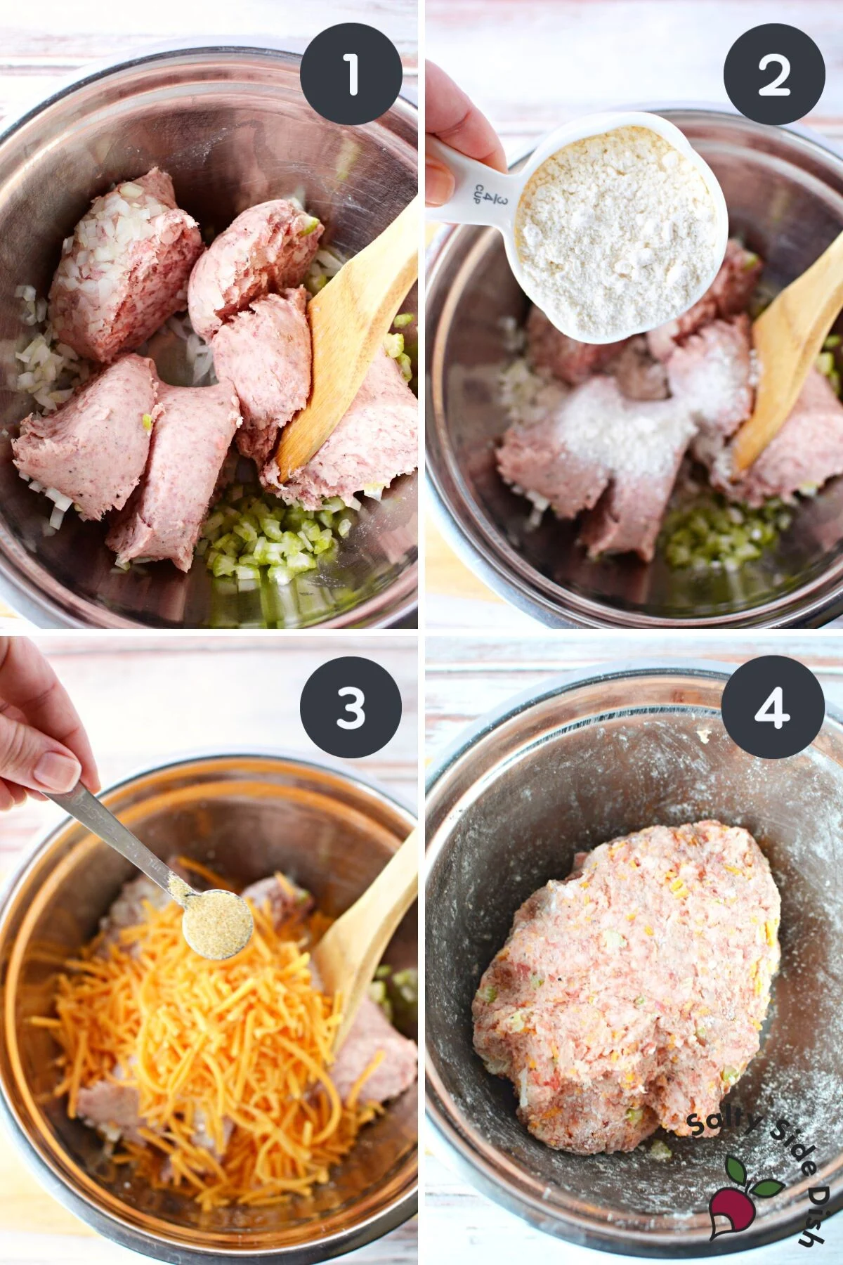 sausage cheddar balls being mixed in a mixing bowl.