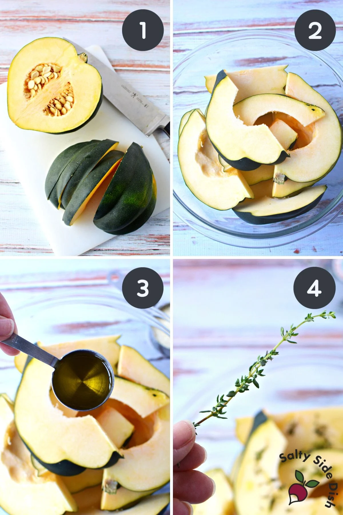 acorn squash being cut into slices for oven baking.