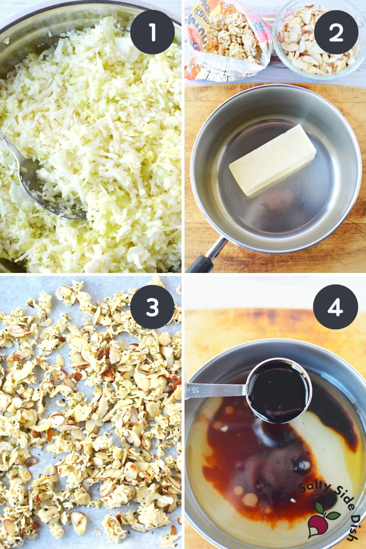 shredded cabbage and making asian slaw dressing.