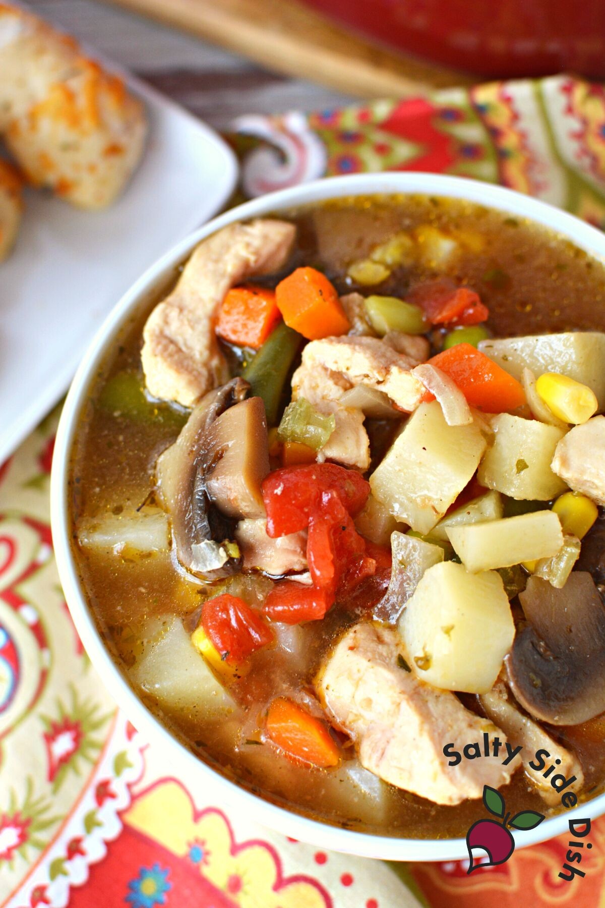 huge bowl of chicken vegetable soup.