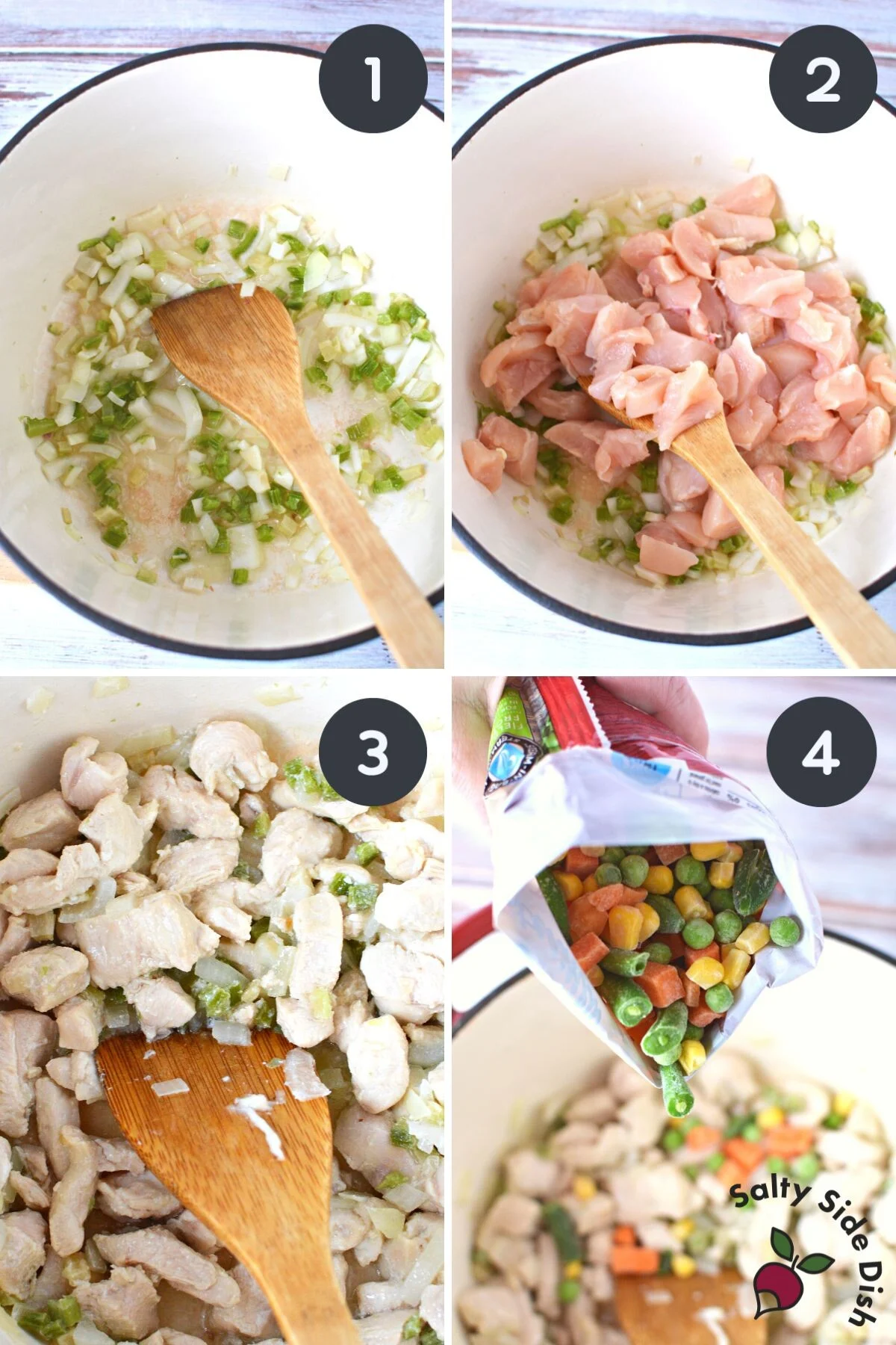 adding ingredients to a dutch oven for chicken vegetable soup.