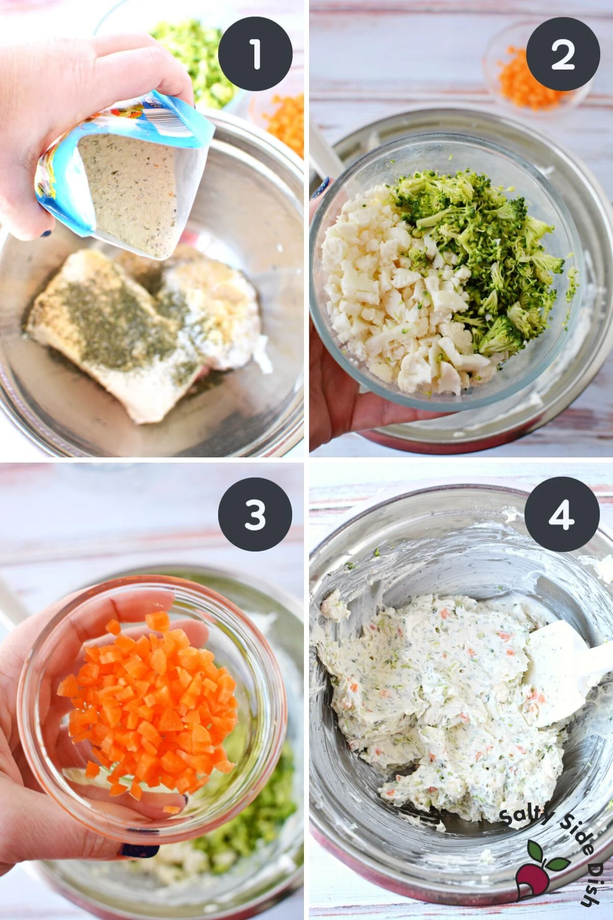 step by step images of mixing vegetable dip.