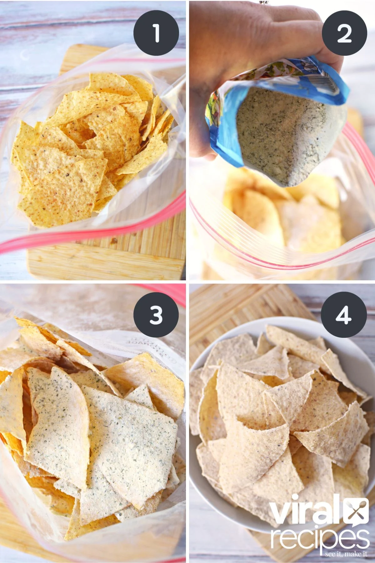 dumping ranch seasoning into bag of tortilla chips.