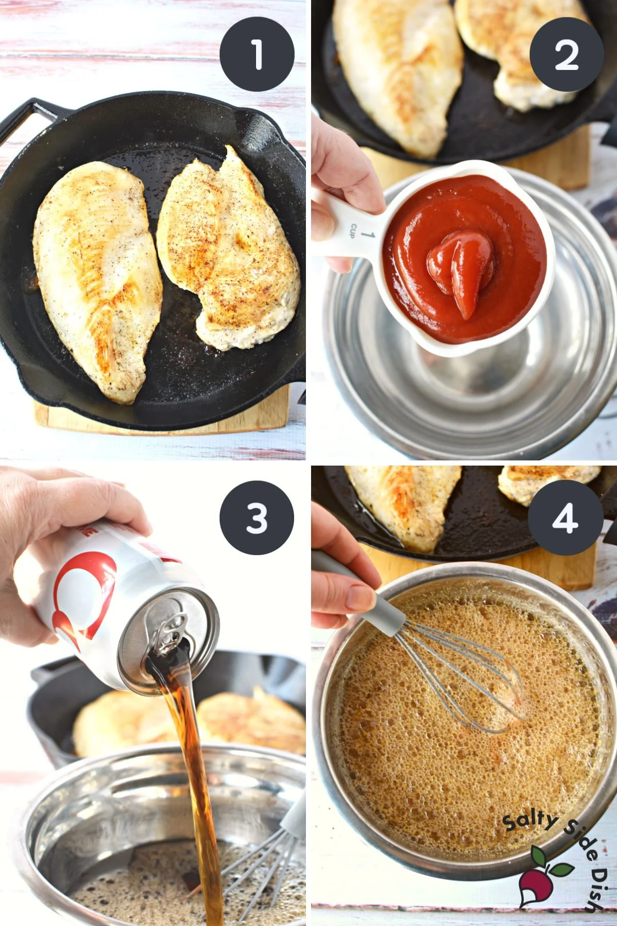 adding ingredients to a bowl with diet coke chicken.