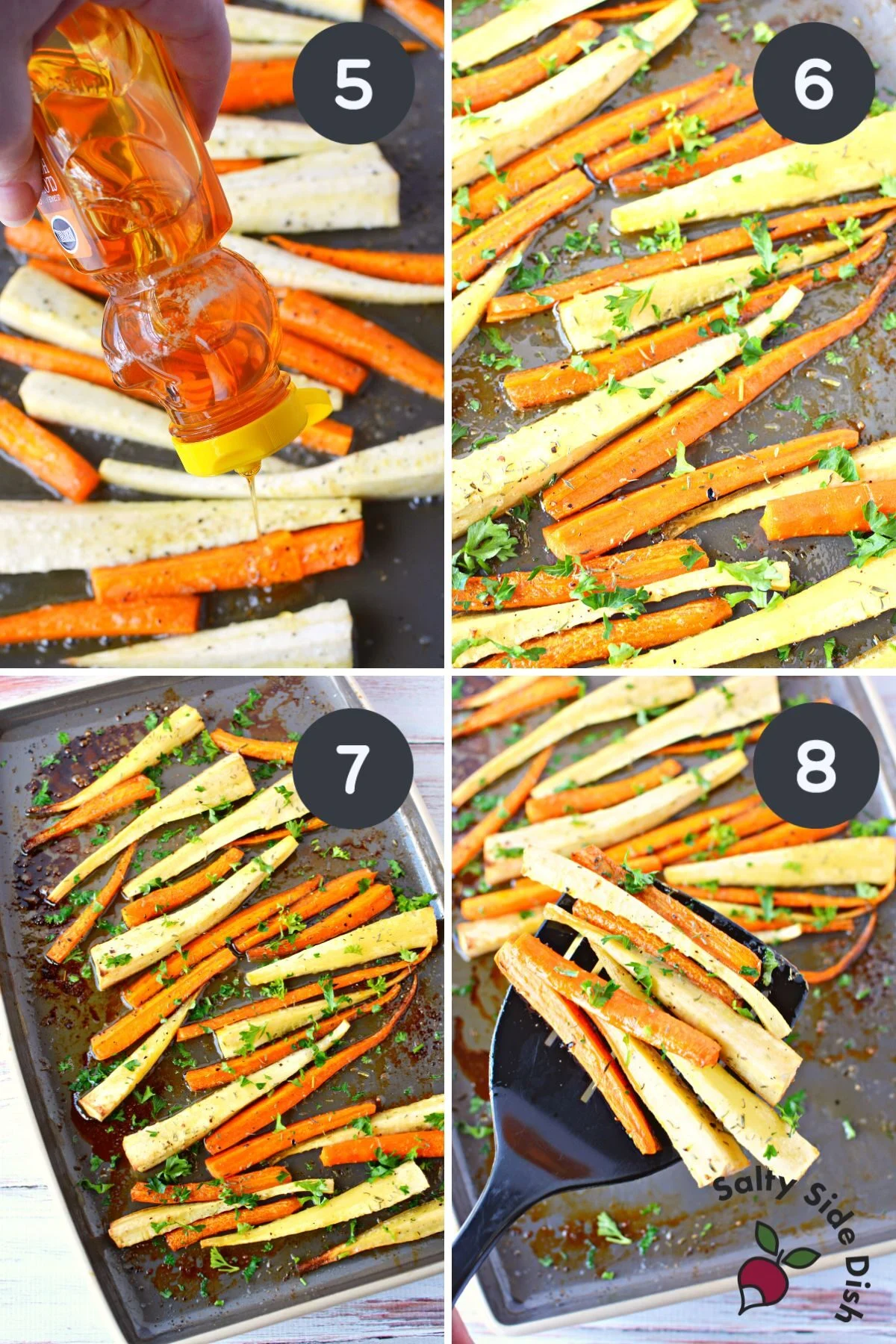 honey roasted carrots and parsnips on a sheet pan.