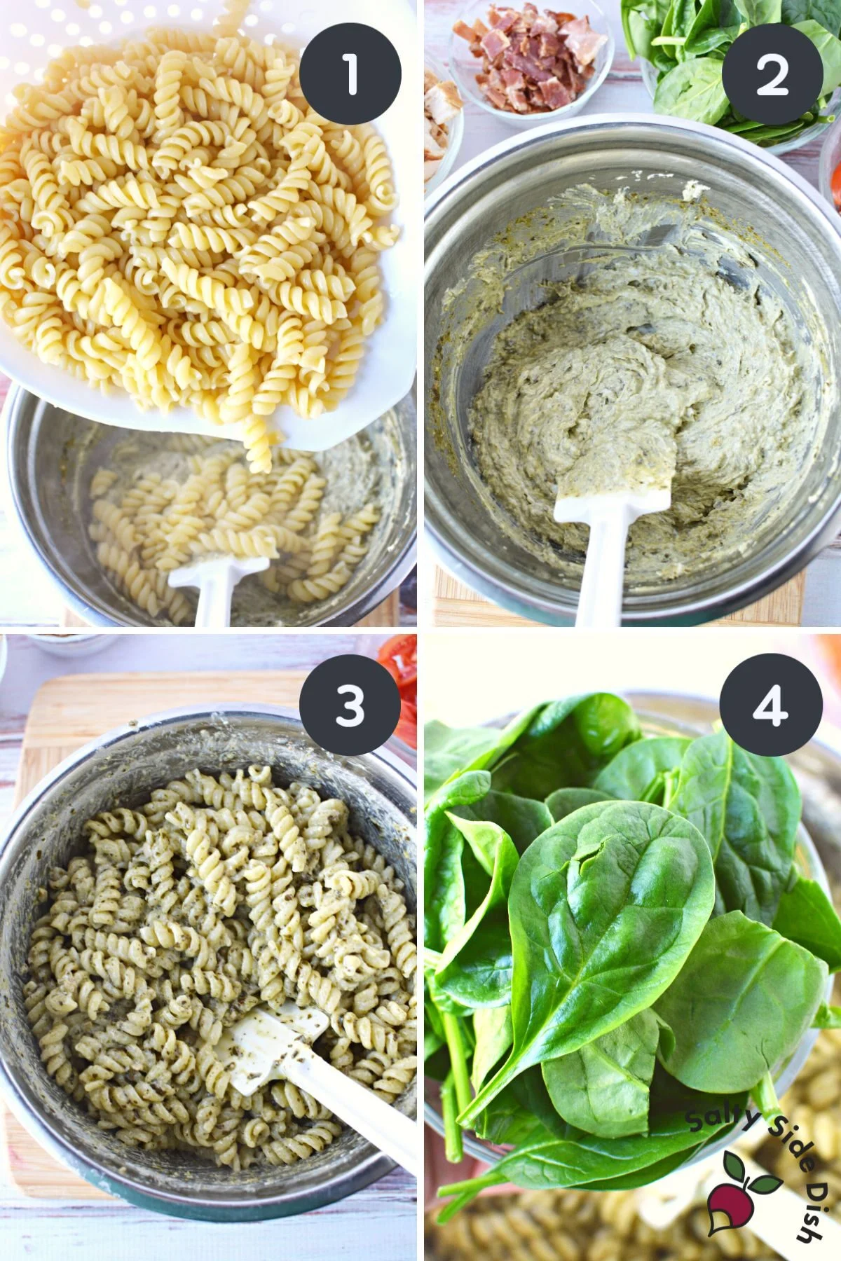 combining dressing and pasta for pasta salad.