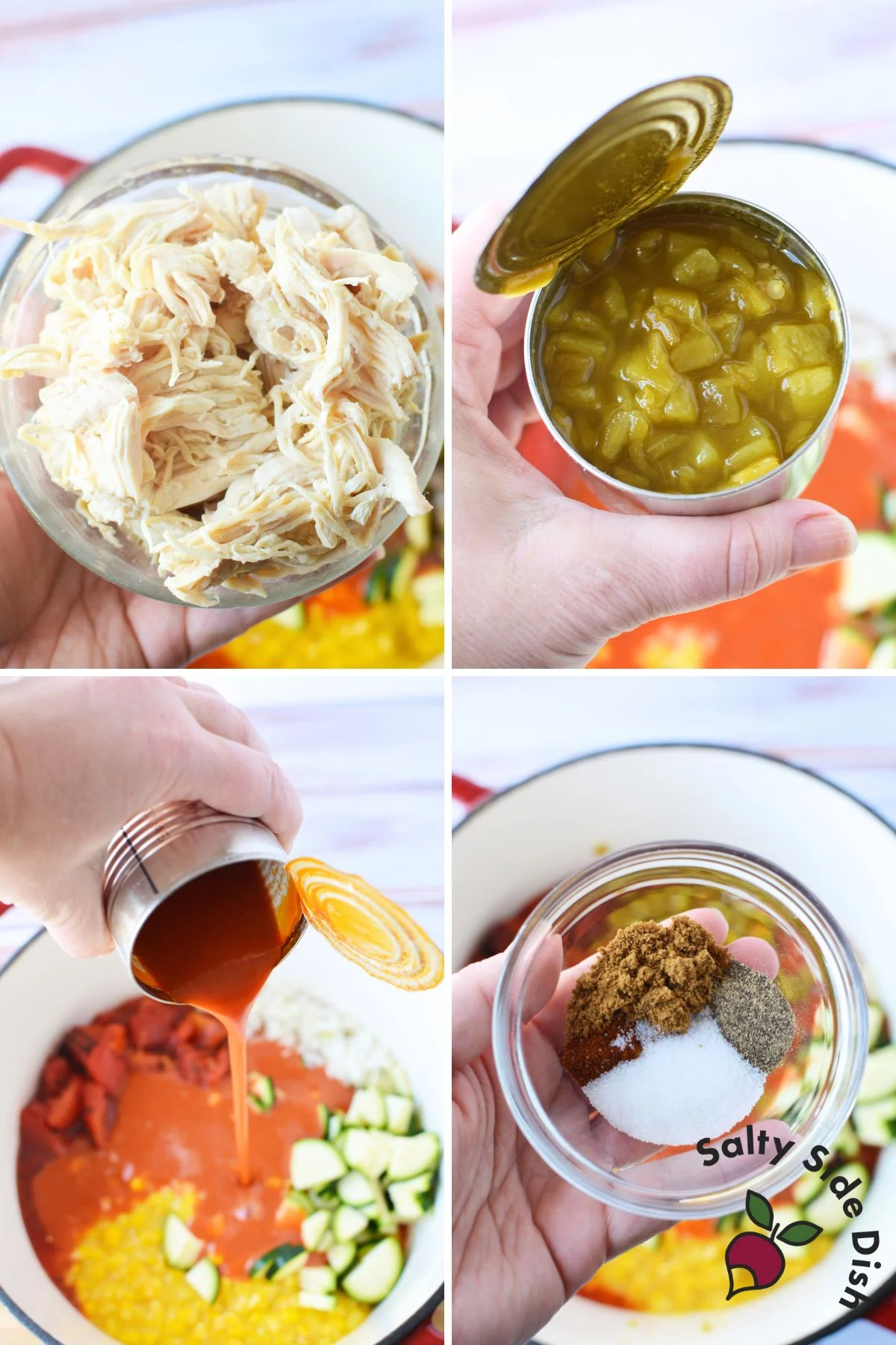 all of the ingredients for chicken soup with corn and zucchini in it.