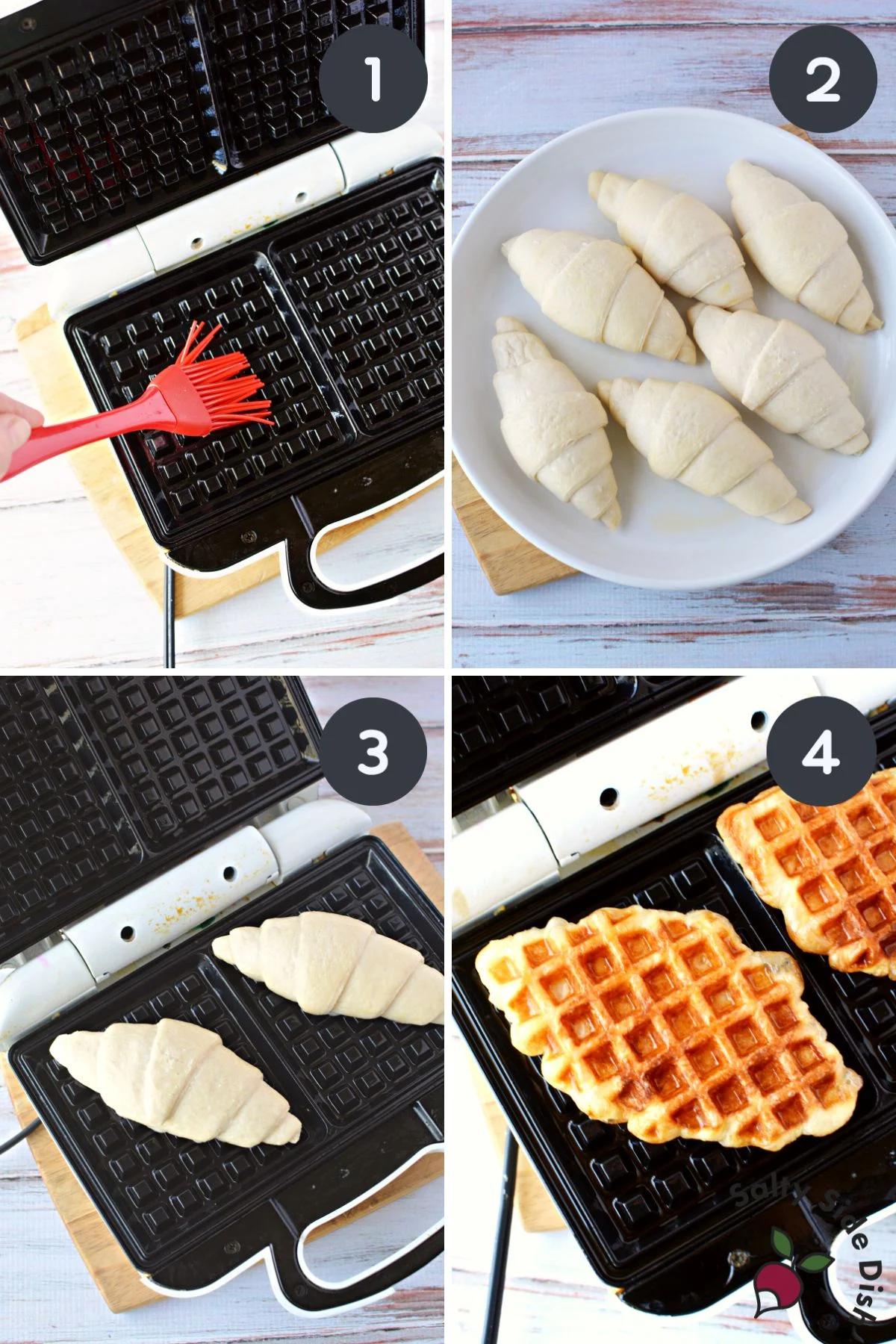 adding croissants to a waffle iron.