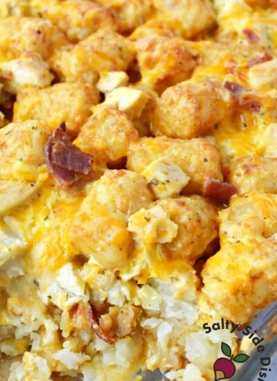 cheesy tater tot casserole with ranch and bacon.