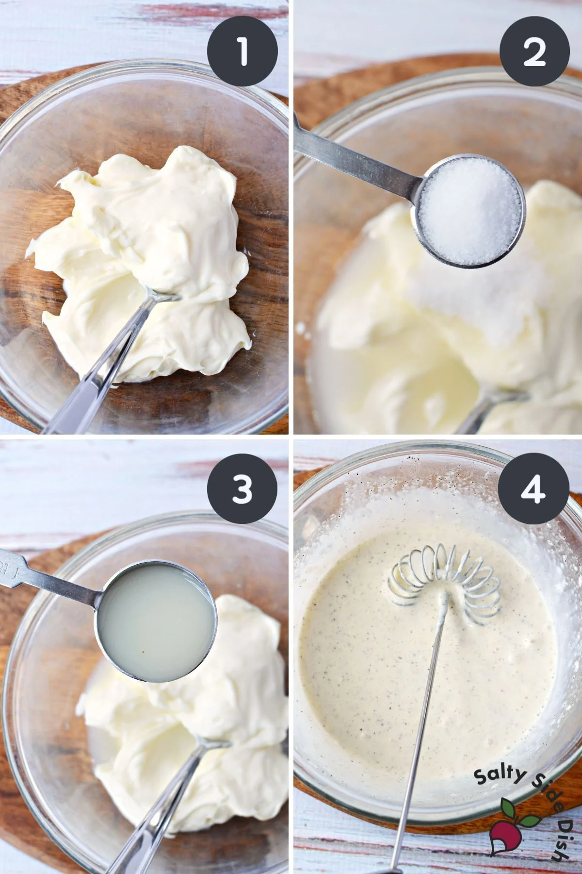 collage on how to make coleslaw dressing adding all ingredients to a bowl.