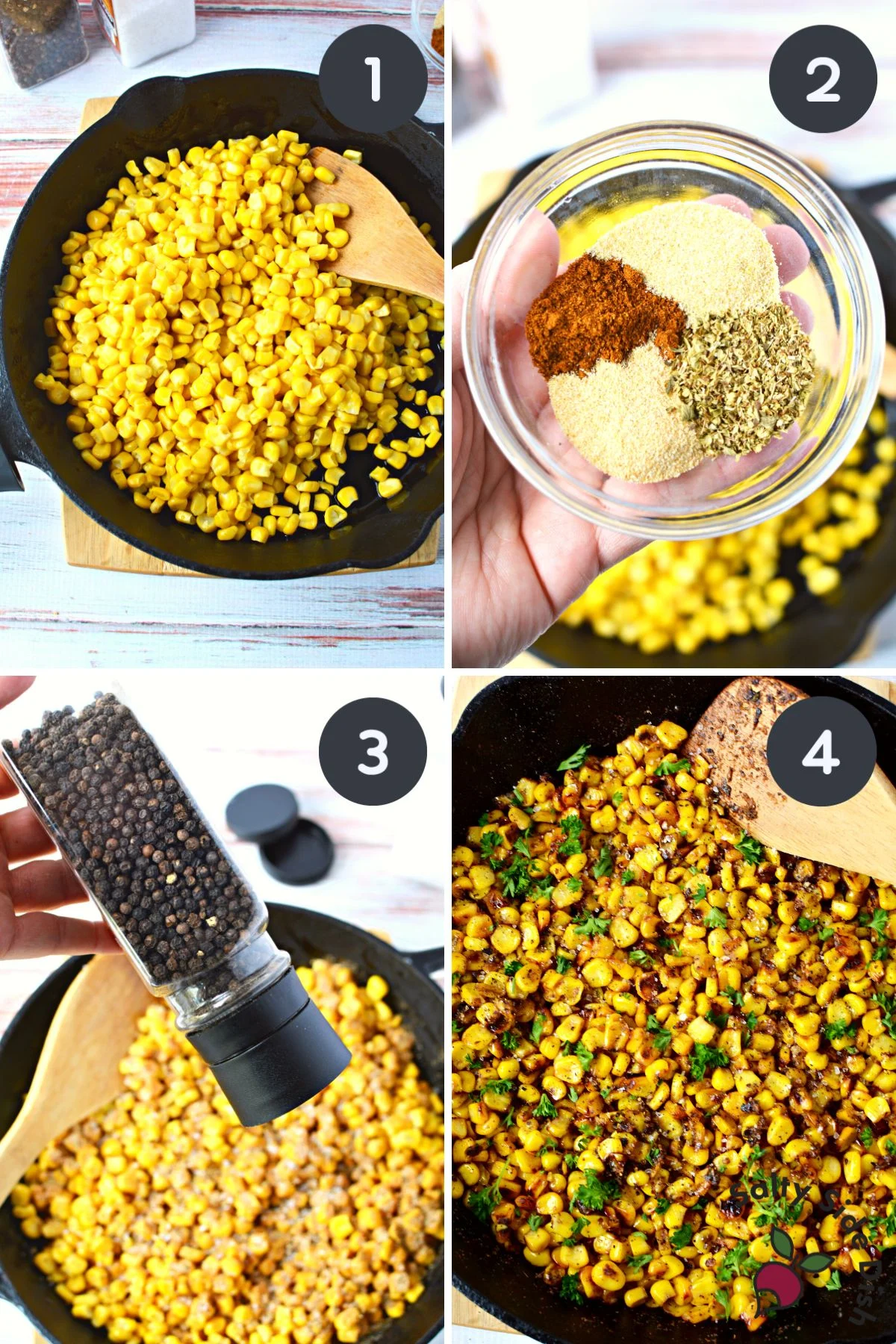 charred corn in a skillet.