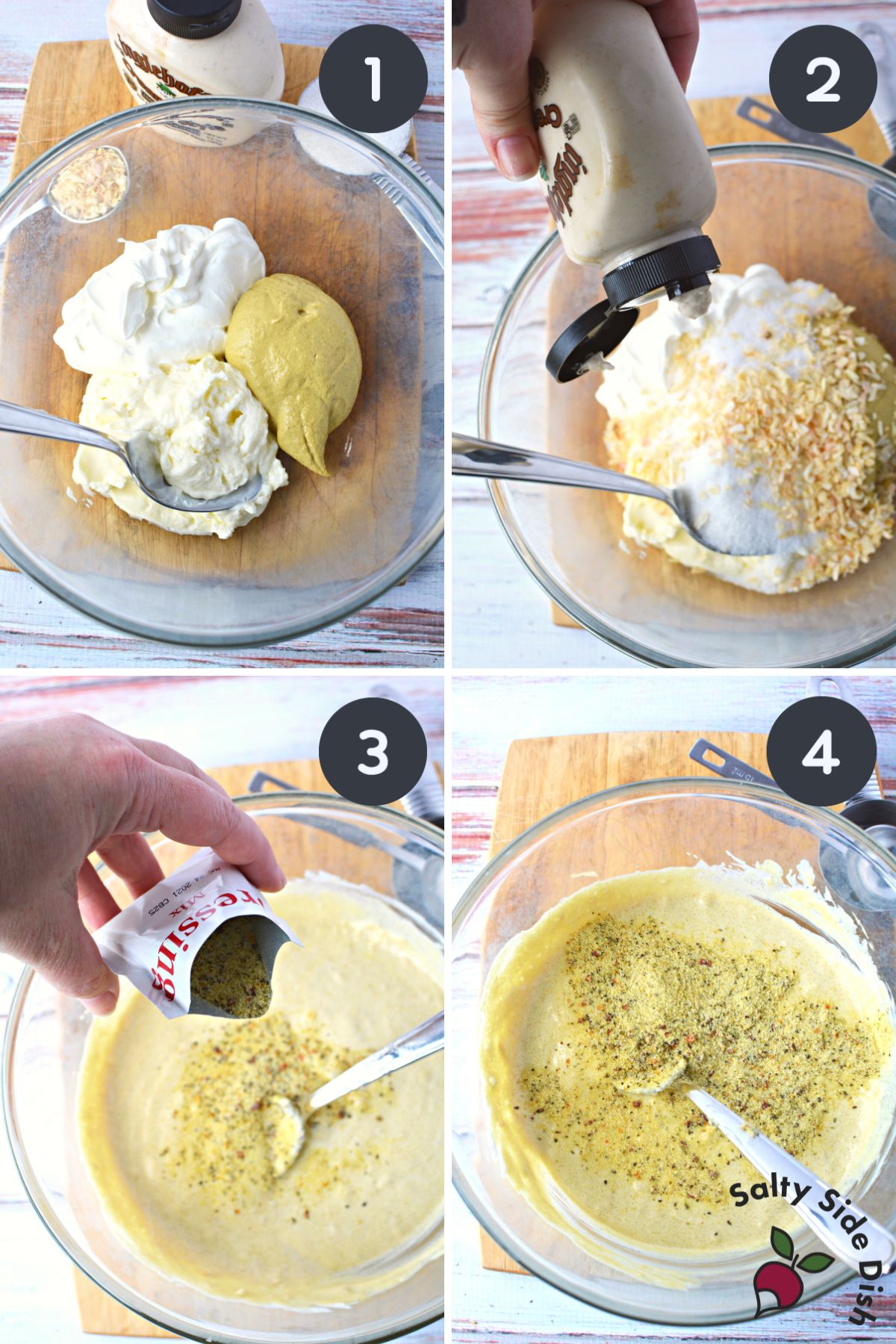 mixing up easy mustard dip for pretzels.