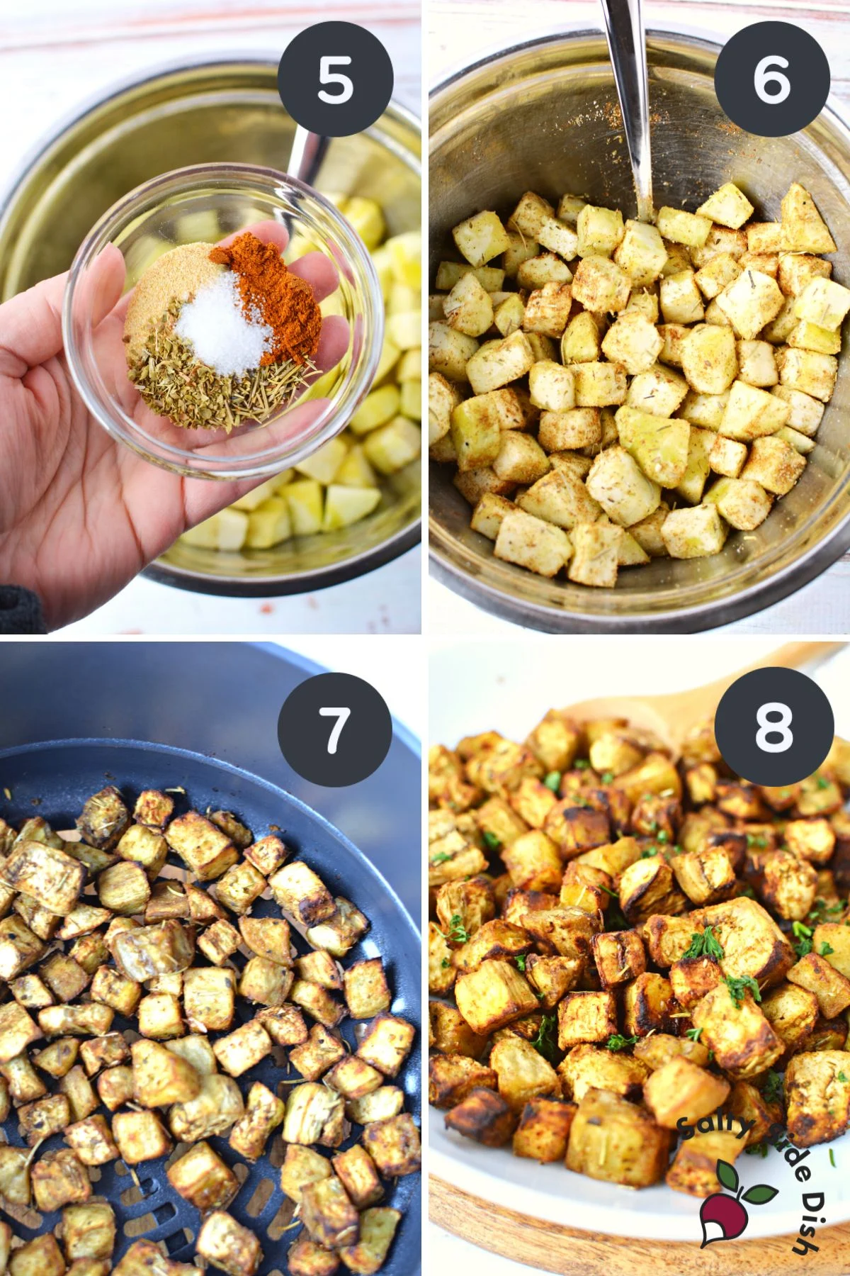 adding eggplant pieces to ninja foodi basket.