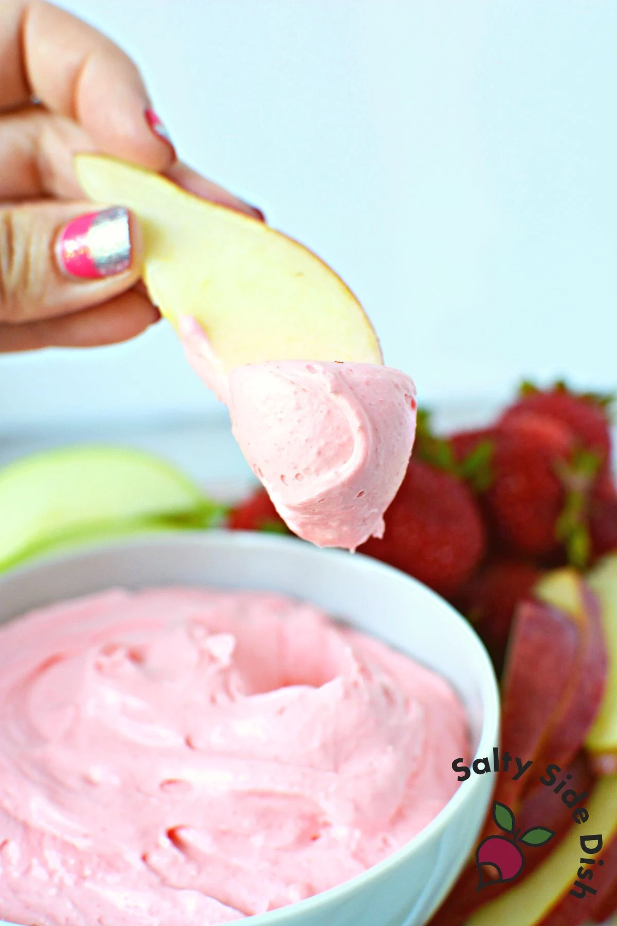 apple slices with strawberry dip.