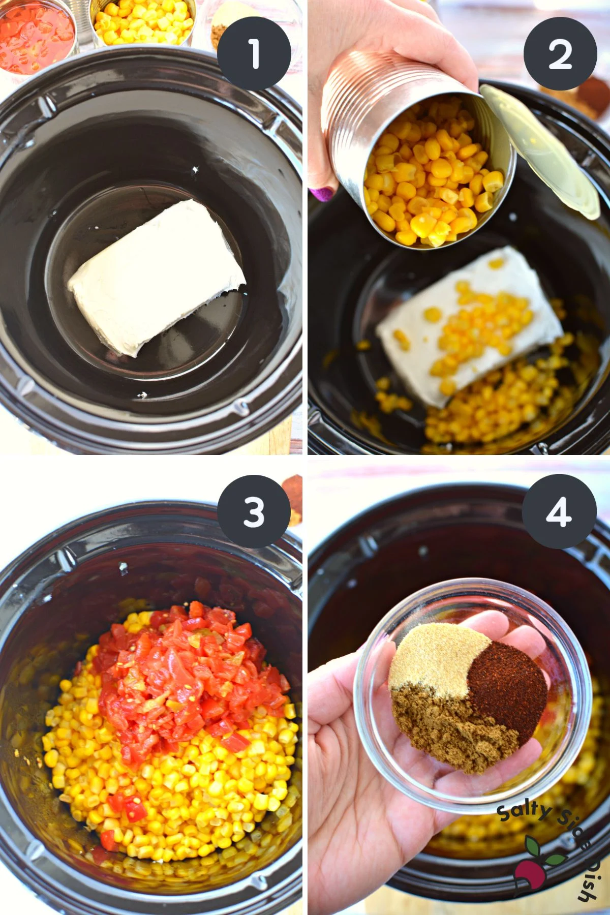 adding ingredients to slow cooker.