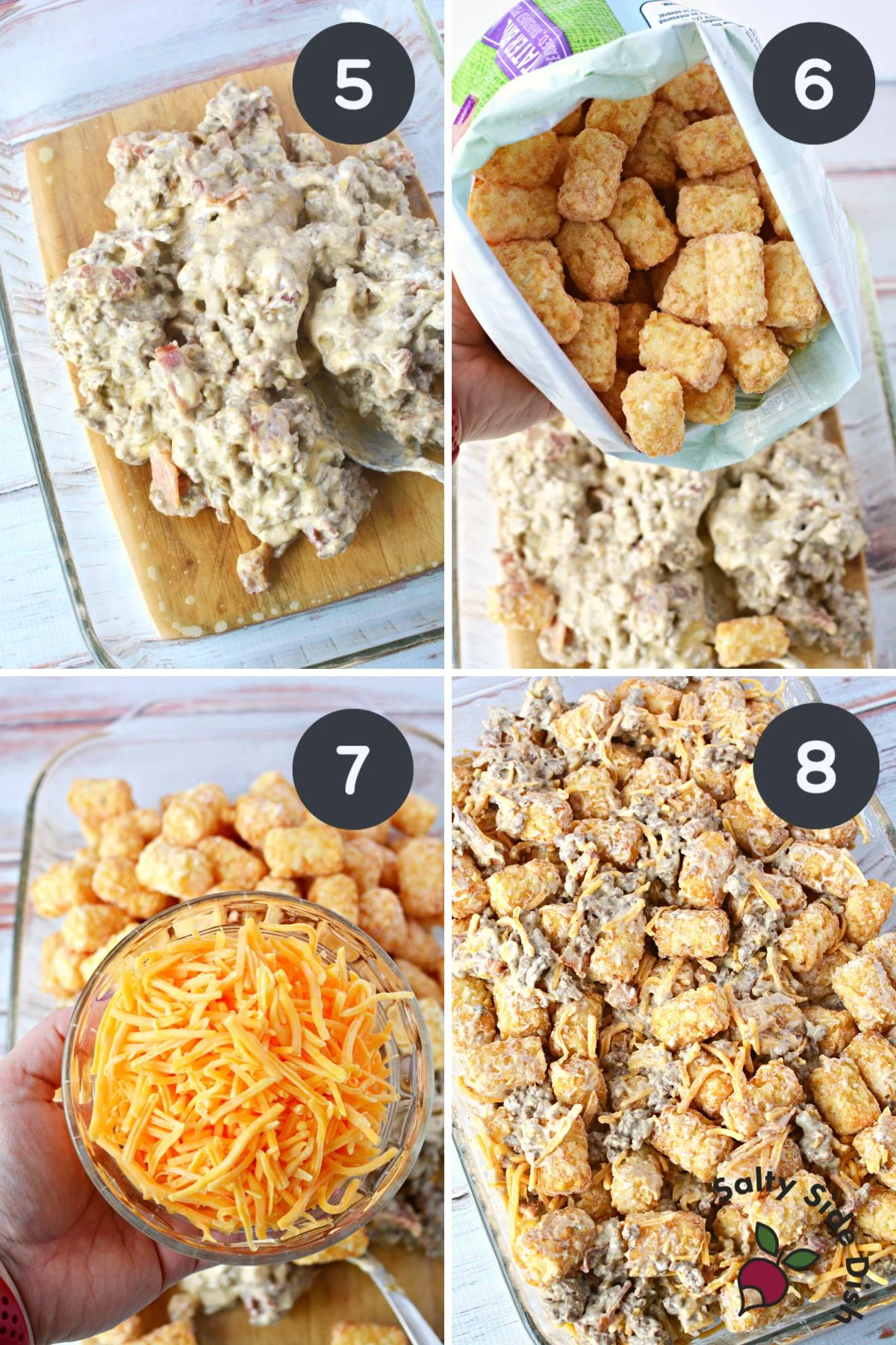 combining meat and tater tot casserole with cheese.