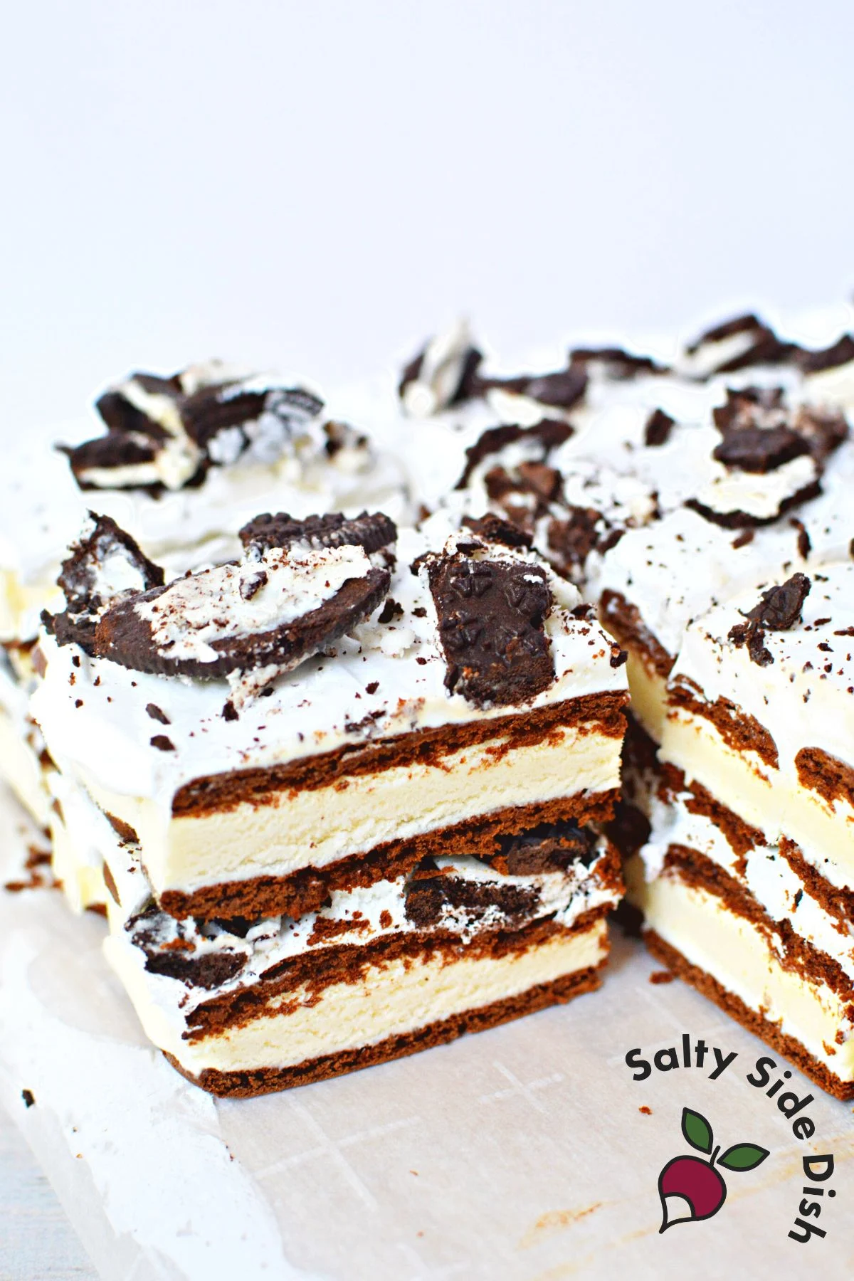 perfect square cuts of ice cream cake.