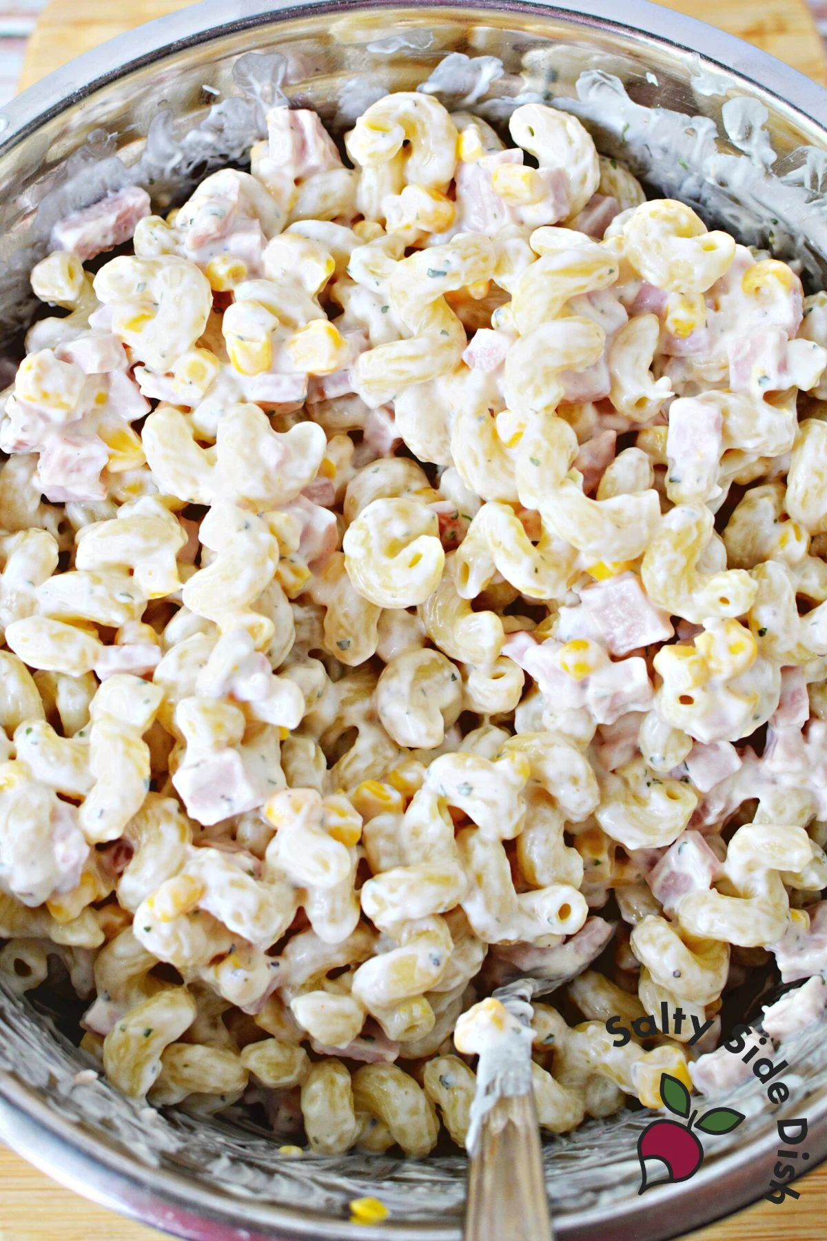creamy ham salad in a mixing bowl.