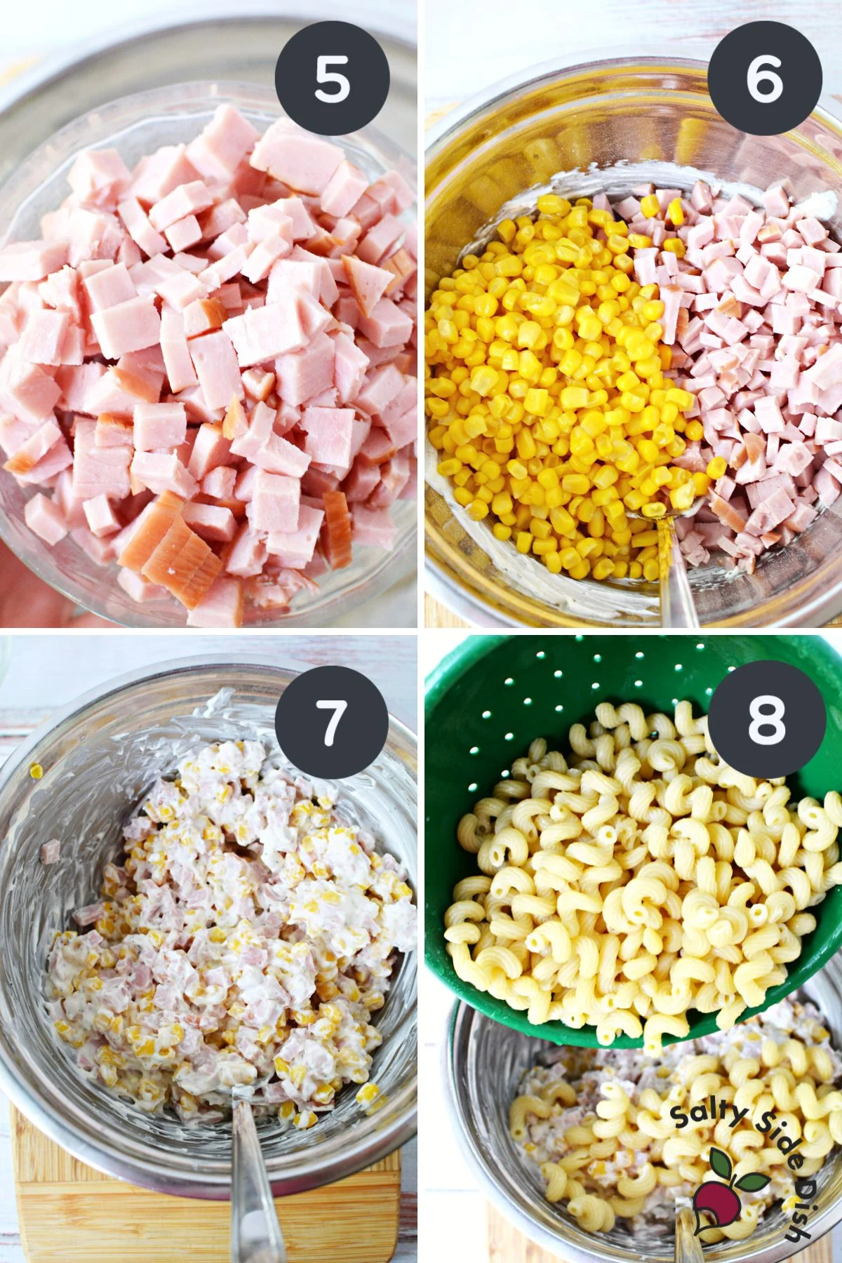 ham and corn being added to mixing bowl.