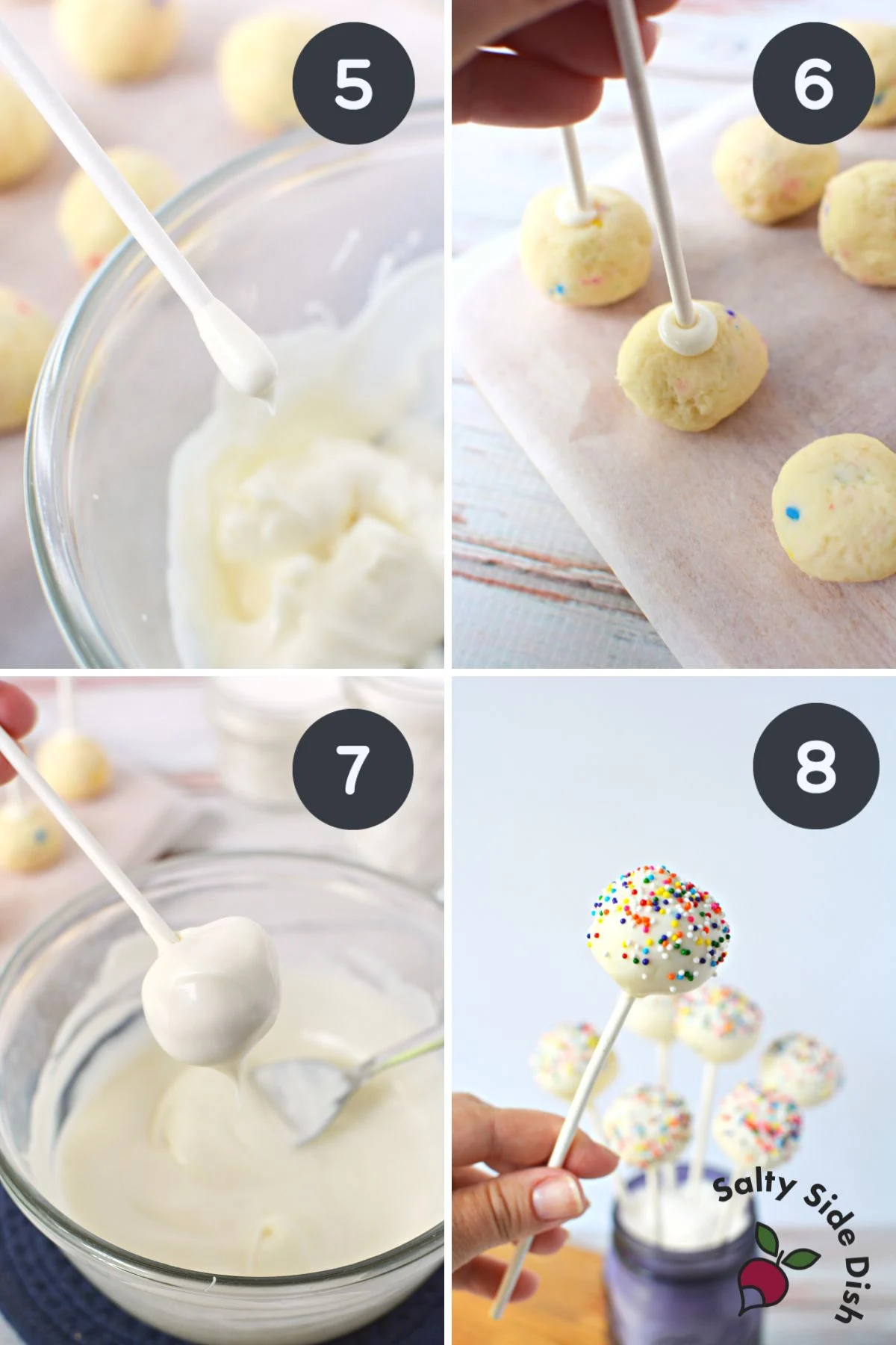 coating no bake cake pops with white candy melts.