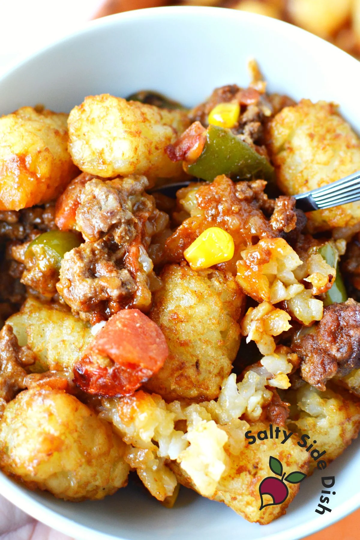 easy bowl of cowboy casserole bbq tater tot hot dish.