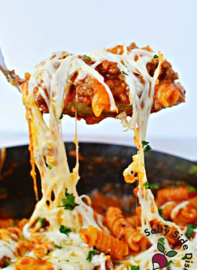 easy beef dinner idea with lots of cheese in one skillet.