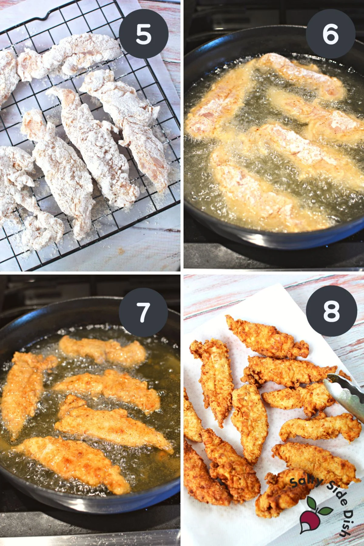 frying coated chicken tenders in cast iron skillet on stove.