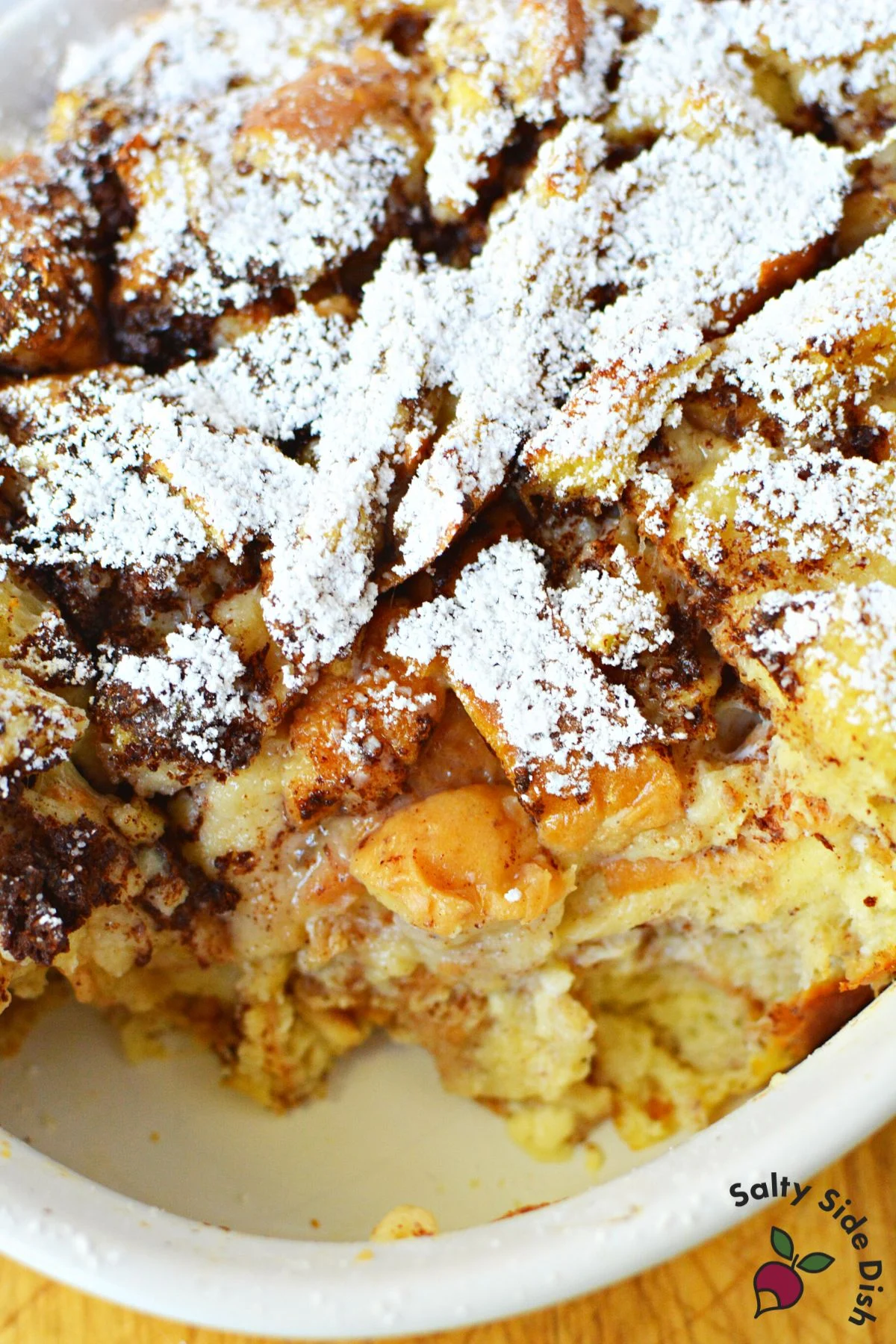 eating a big portion of casserole for breakfast.