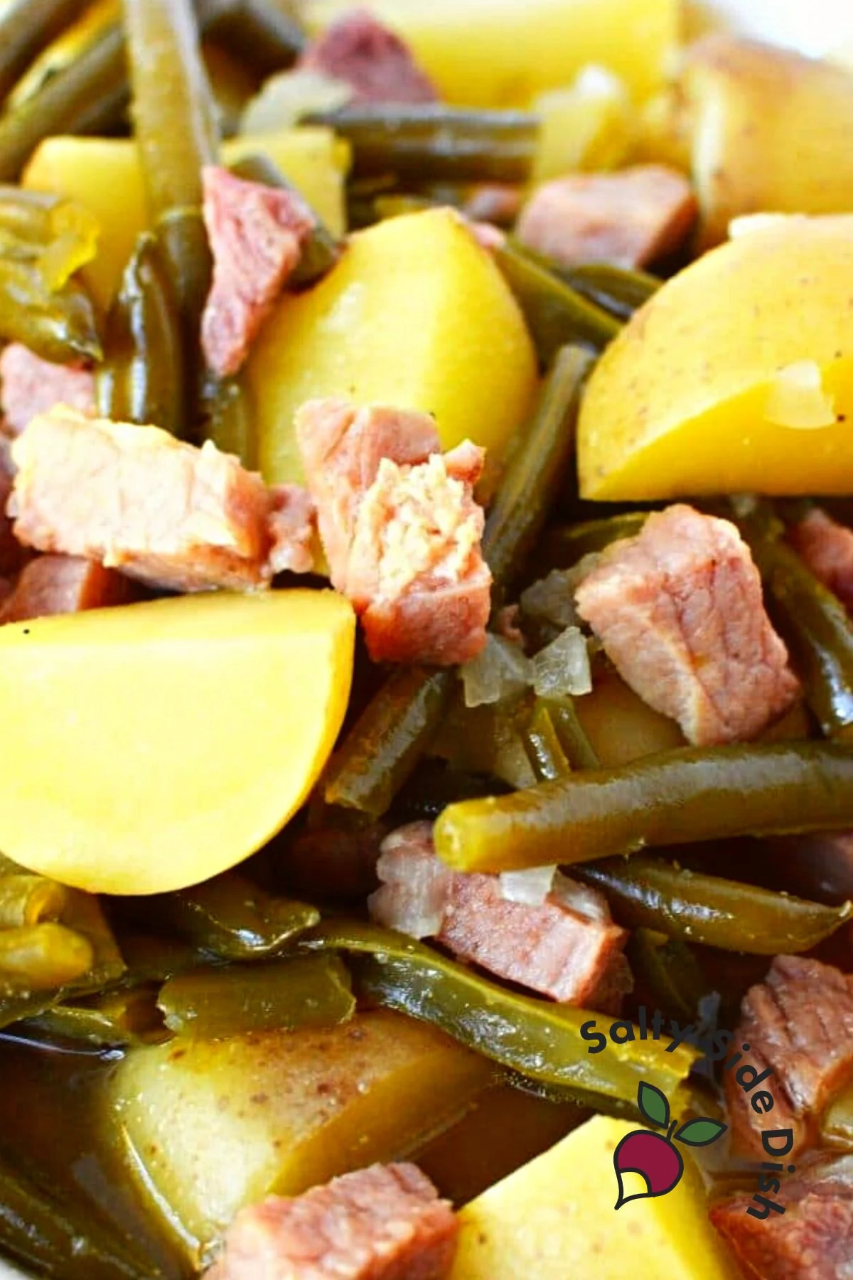 big bowl of slow cooker green beans and potatoes