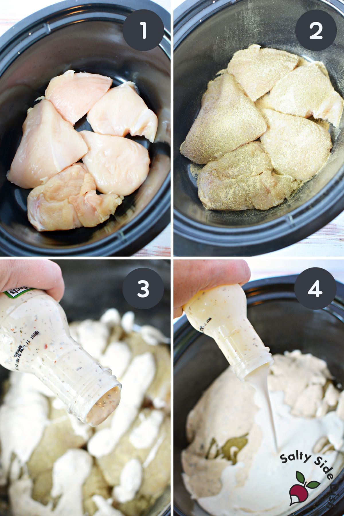 add chicken, seasoning, and buffalo wild wings sauce to a crockpot.