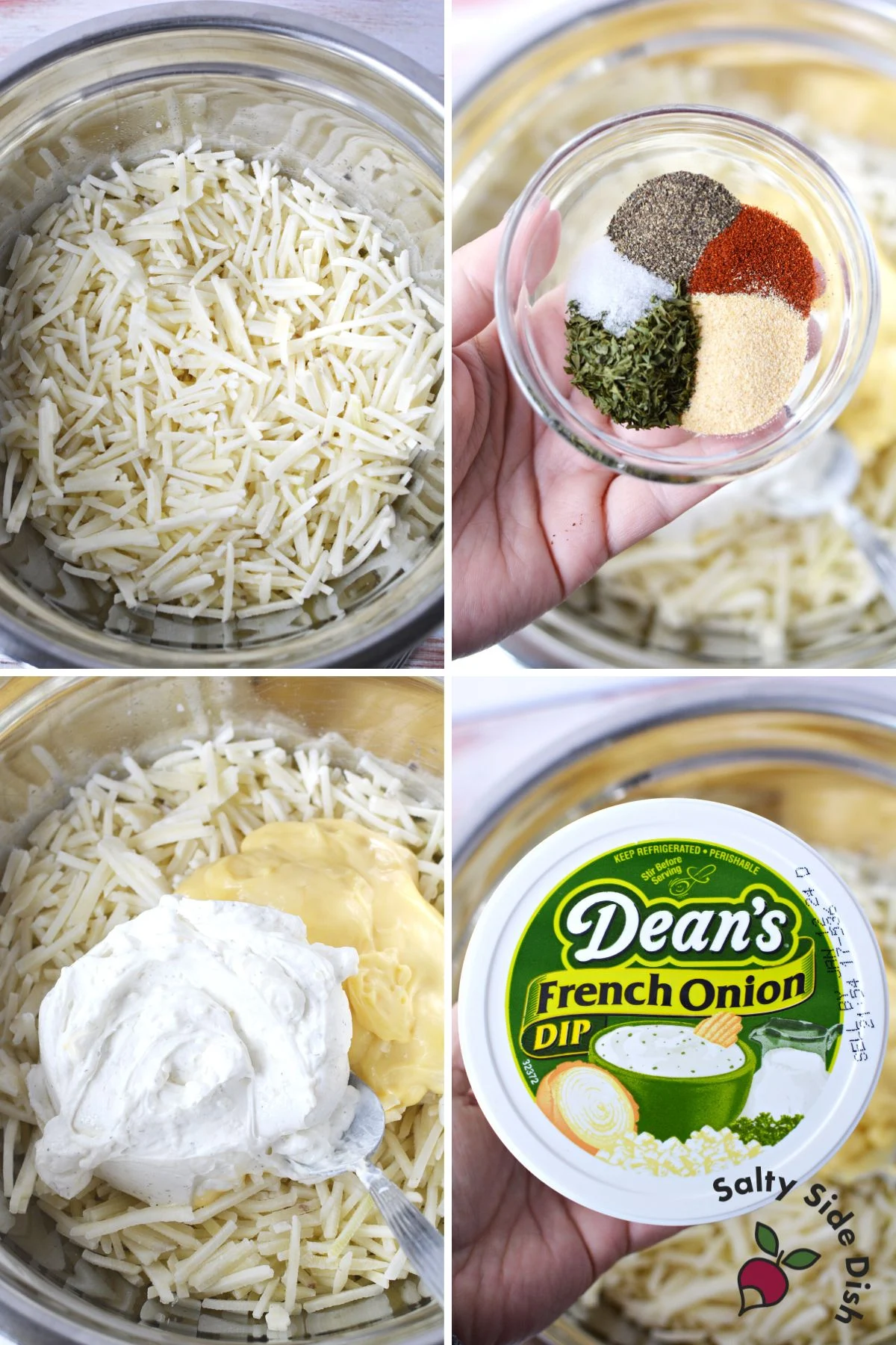 chicken hashbrown casserole with french onion and all ingredients in a collage image.