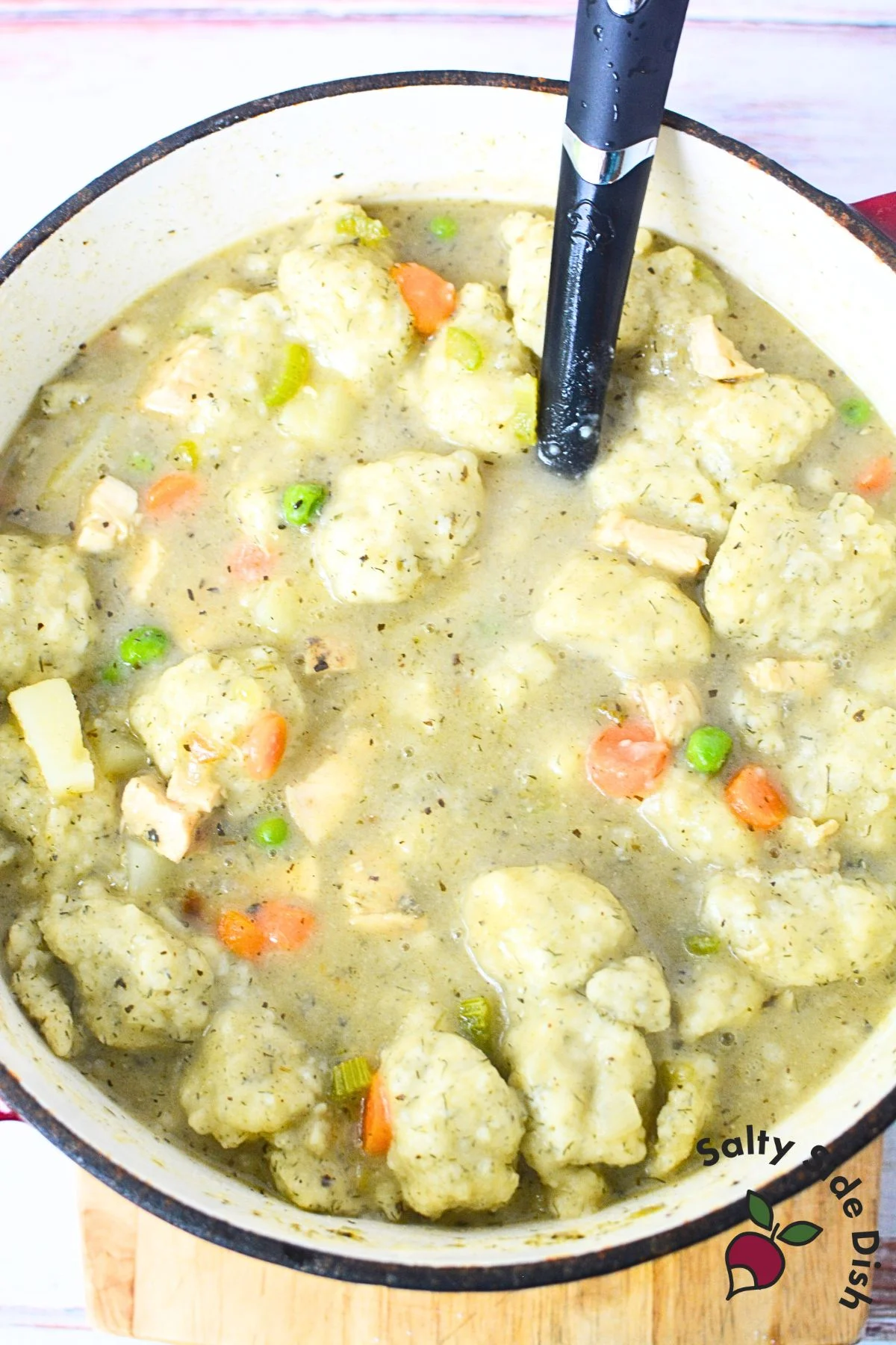 chicken stew and dumplings in a stew pot.