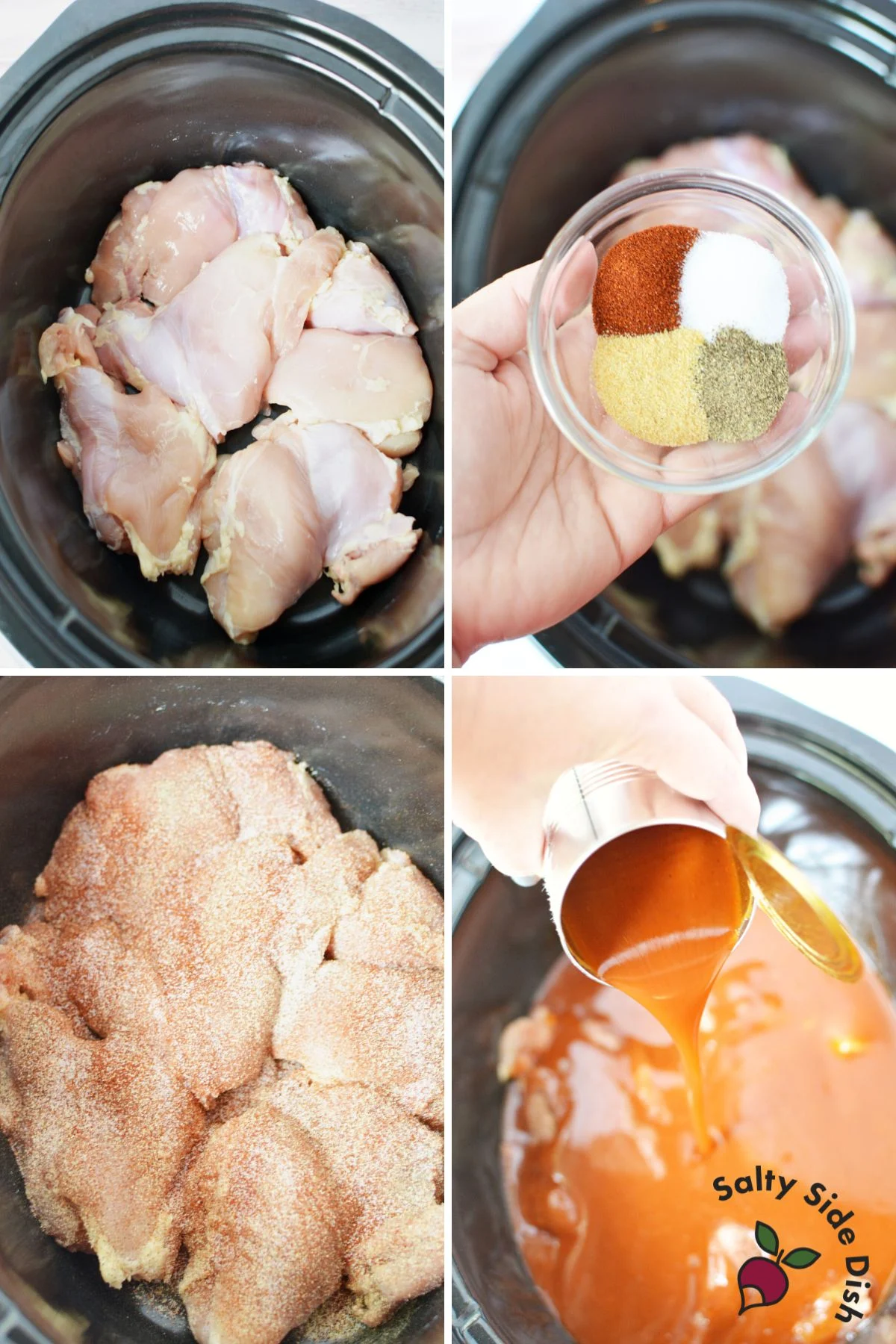 adding chicken thighs and sauce to a crockpot