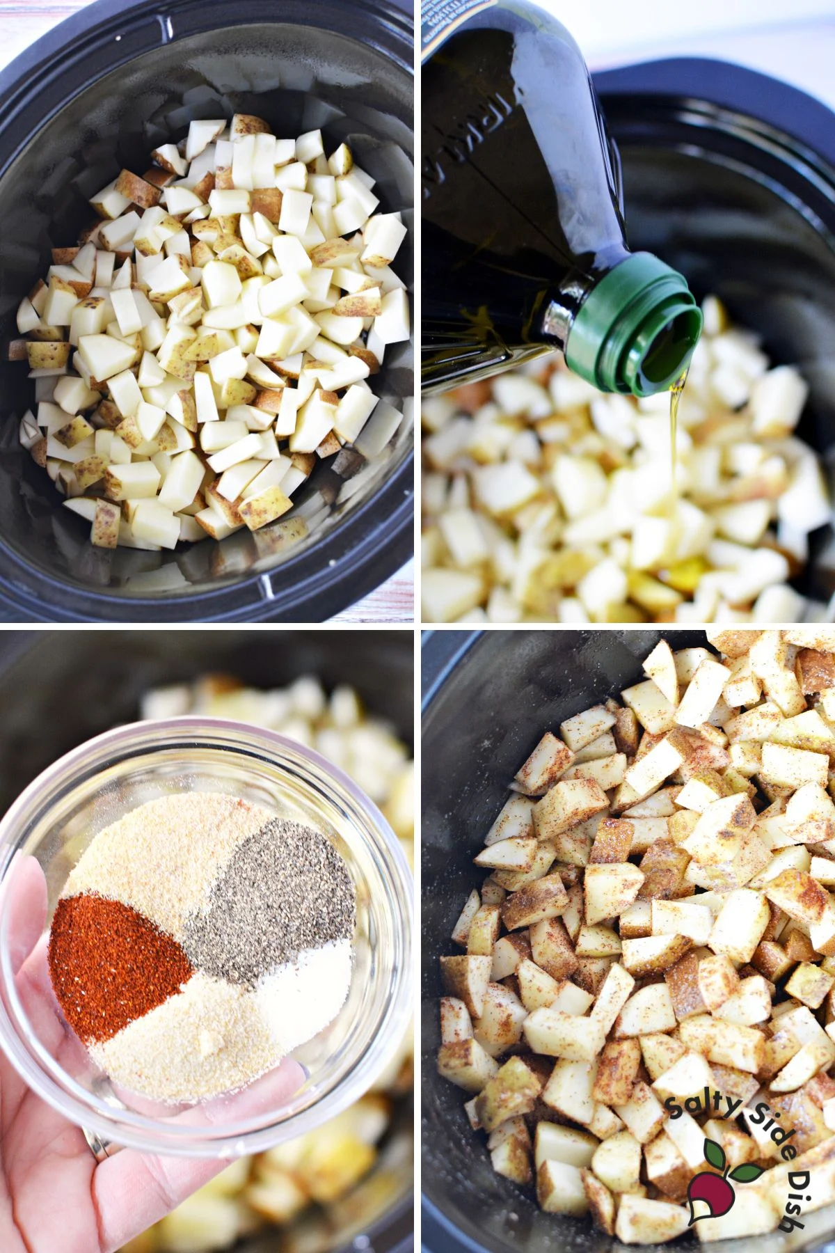 adding cut potatoes in a crockpot with all seasonings.
