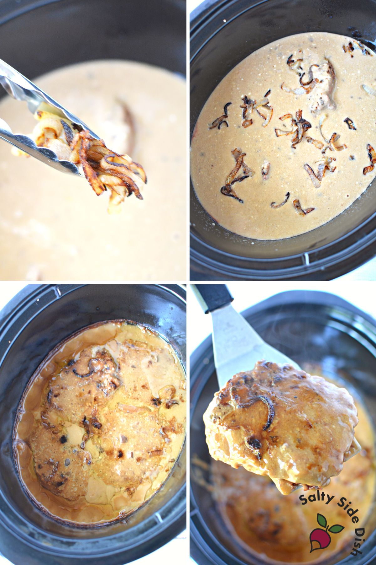 adding gravy, onions, and cubed steak to a slow cooker.
