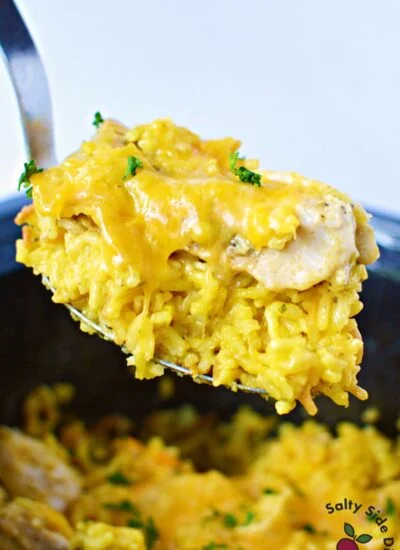 spoon of slow cooker chicken and rice.