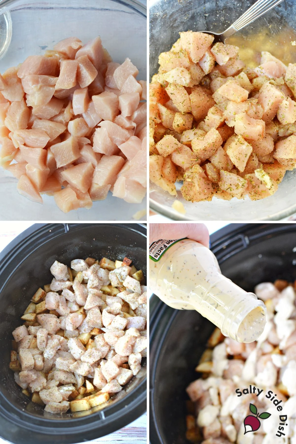 cut up chicken placed onto potatoes