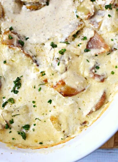 alfredo potatoes in a casserole dish