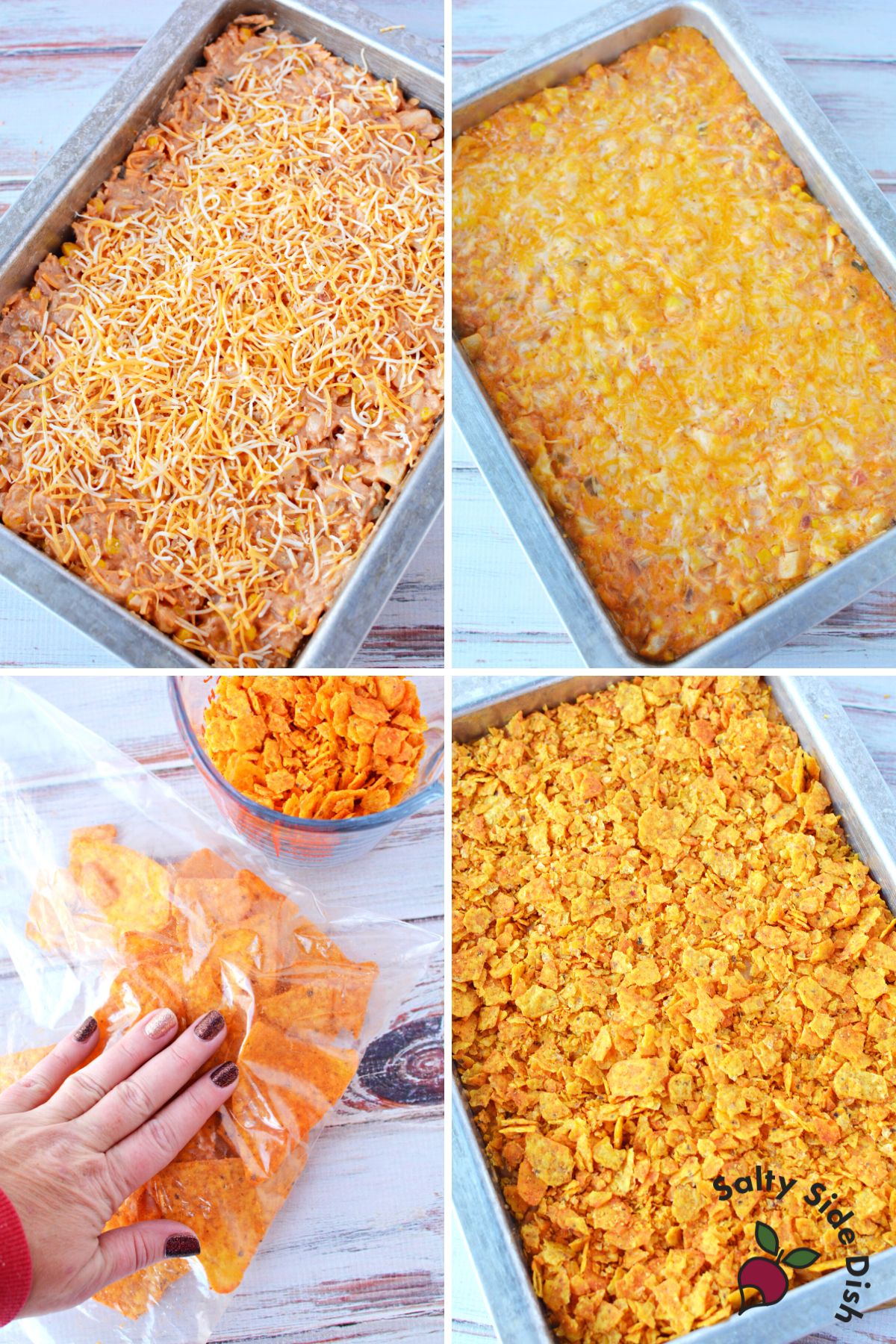 authenic dorito casserole with 4 images to show baking.