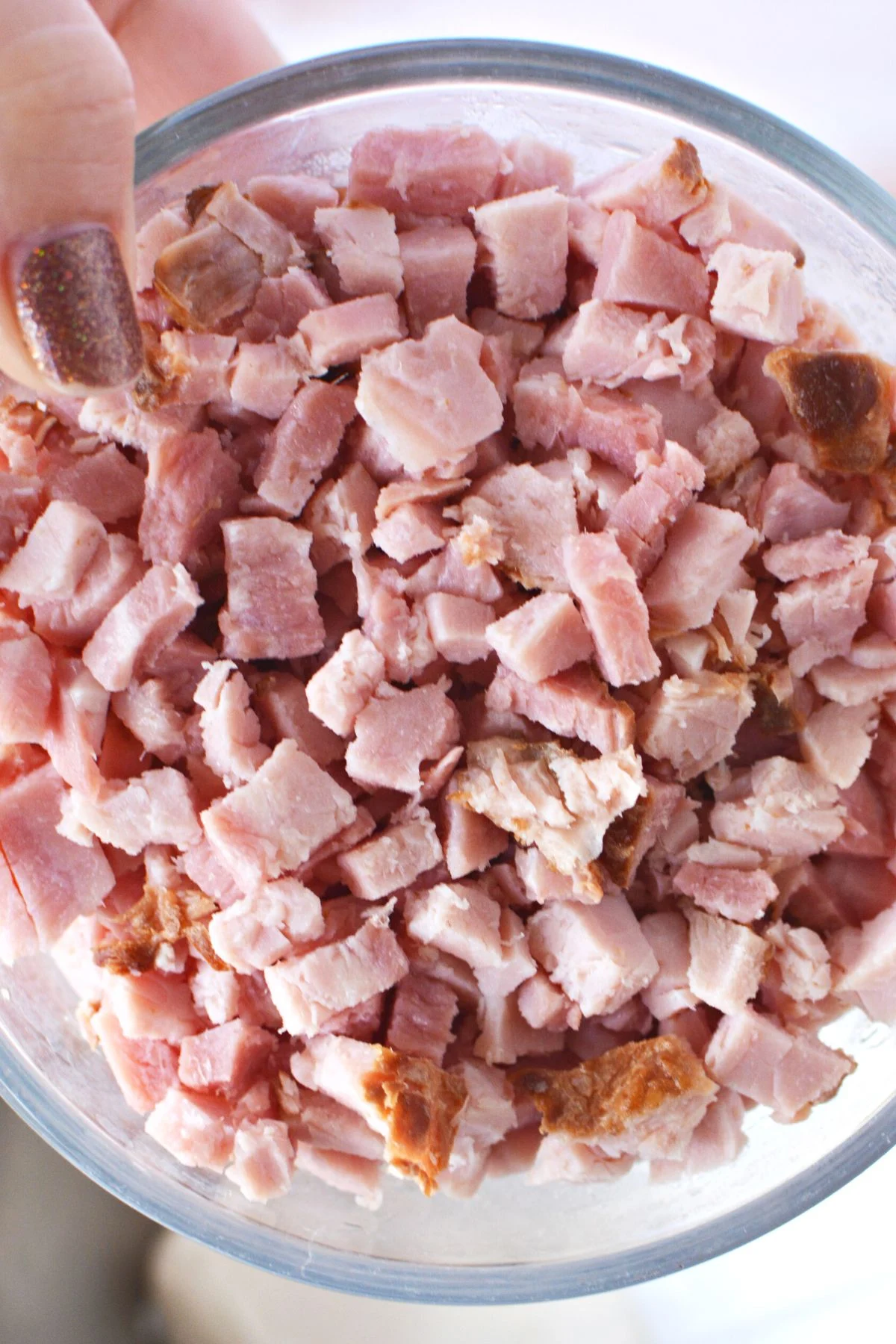 chopped ham in a bowl.
