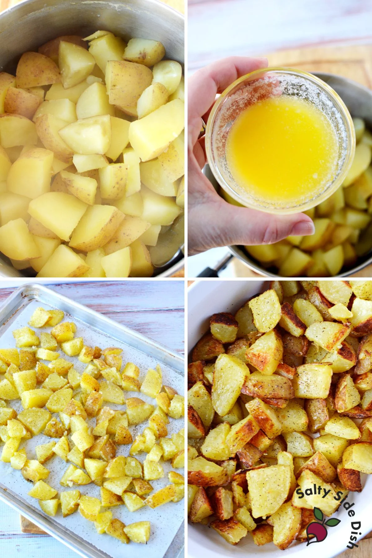 boiling potatoes, layering on butter, and roasting in oven.