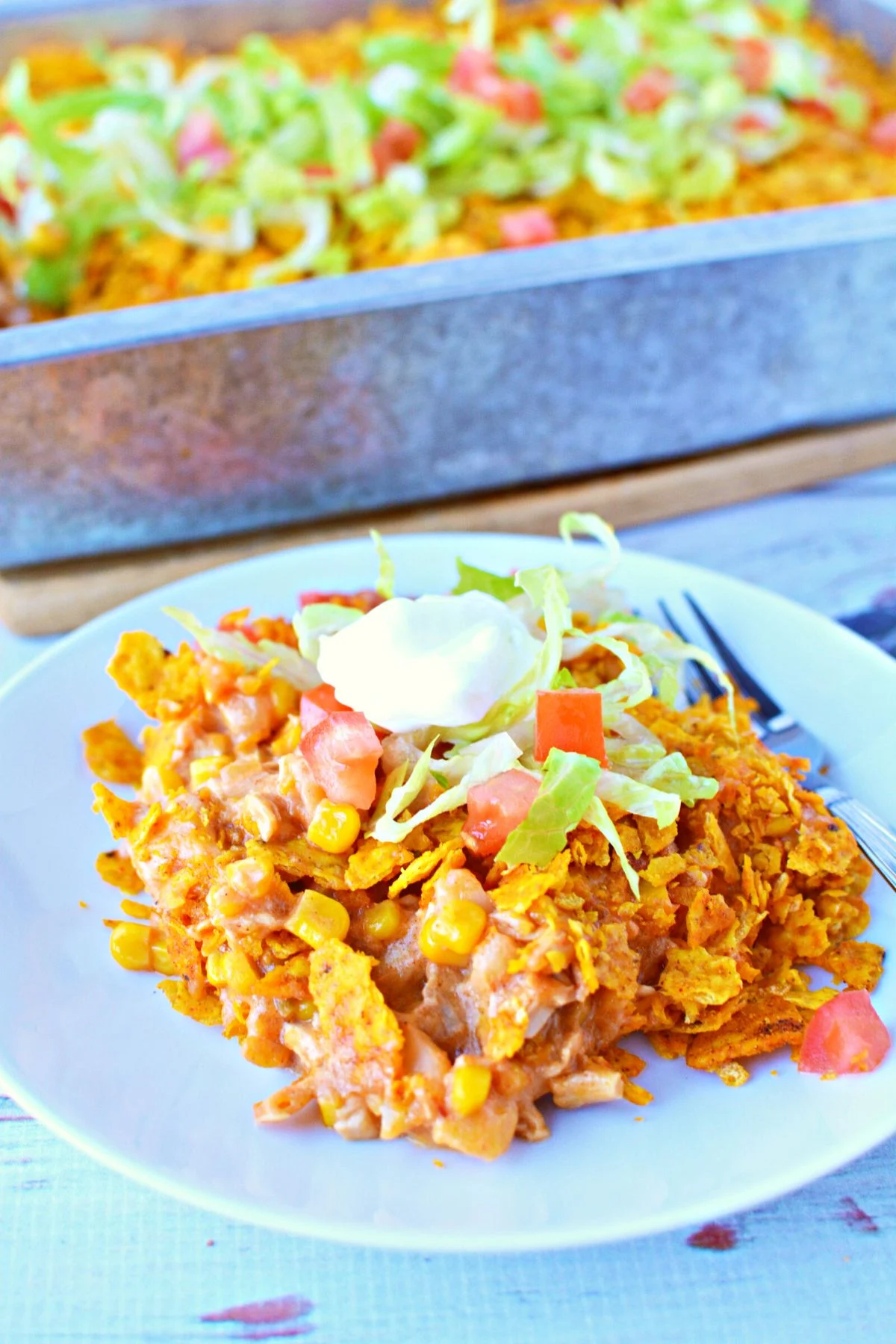 plate with chicken casserole recipe on it.