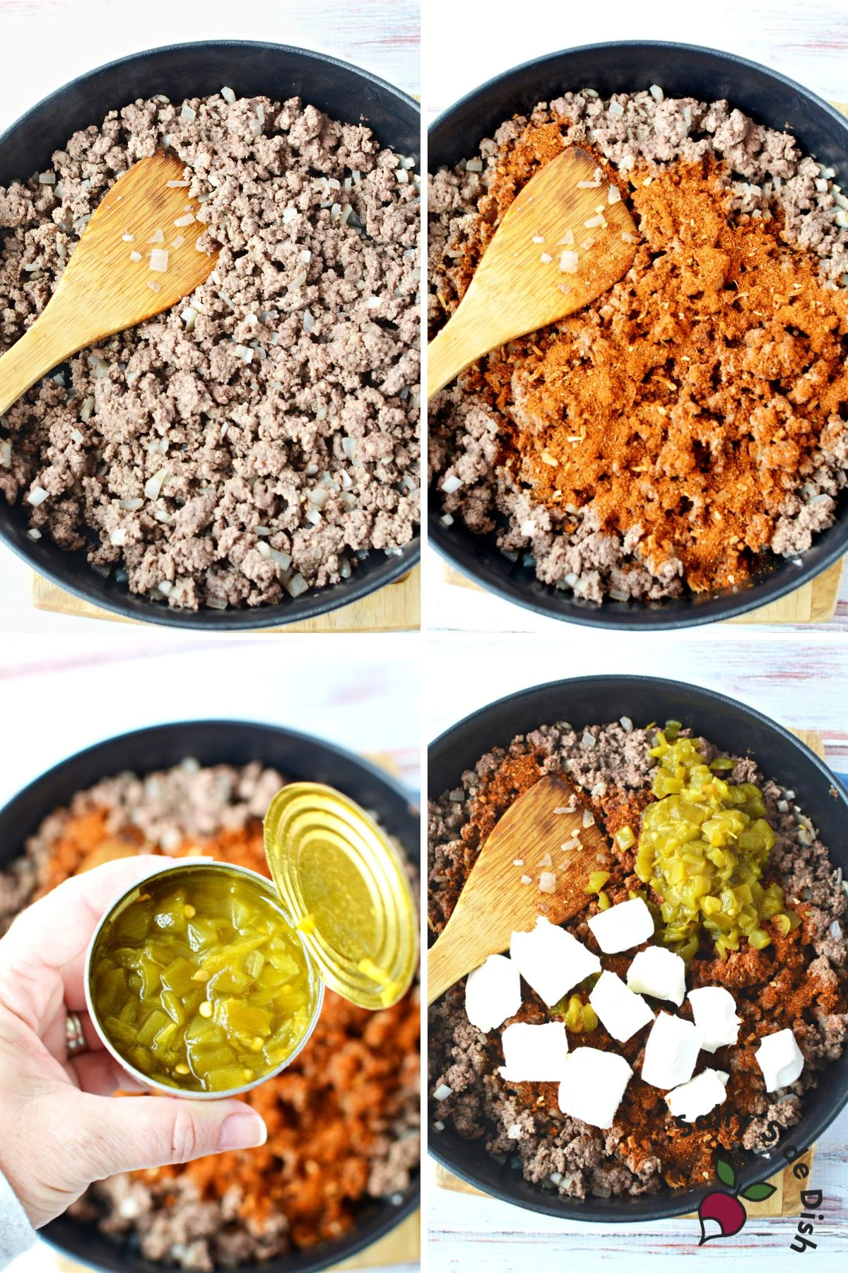 walking taco ingredients in a cast iron skillet.