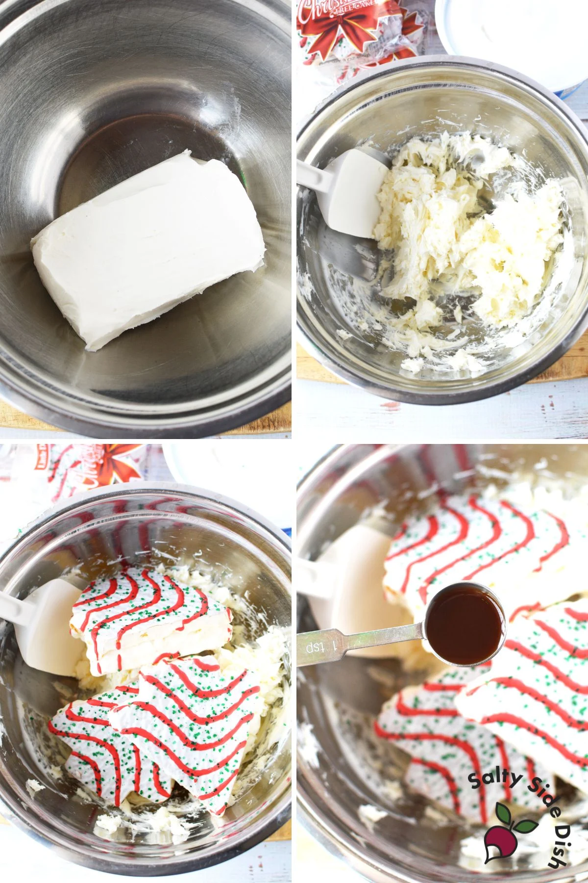 christmas tree cake ingredients being put into a medium sized mixing bowl.